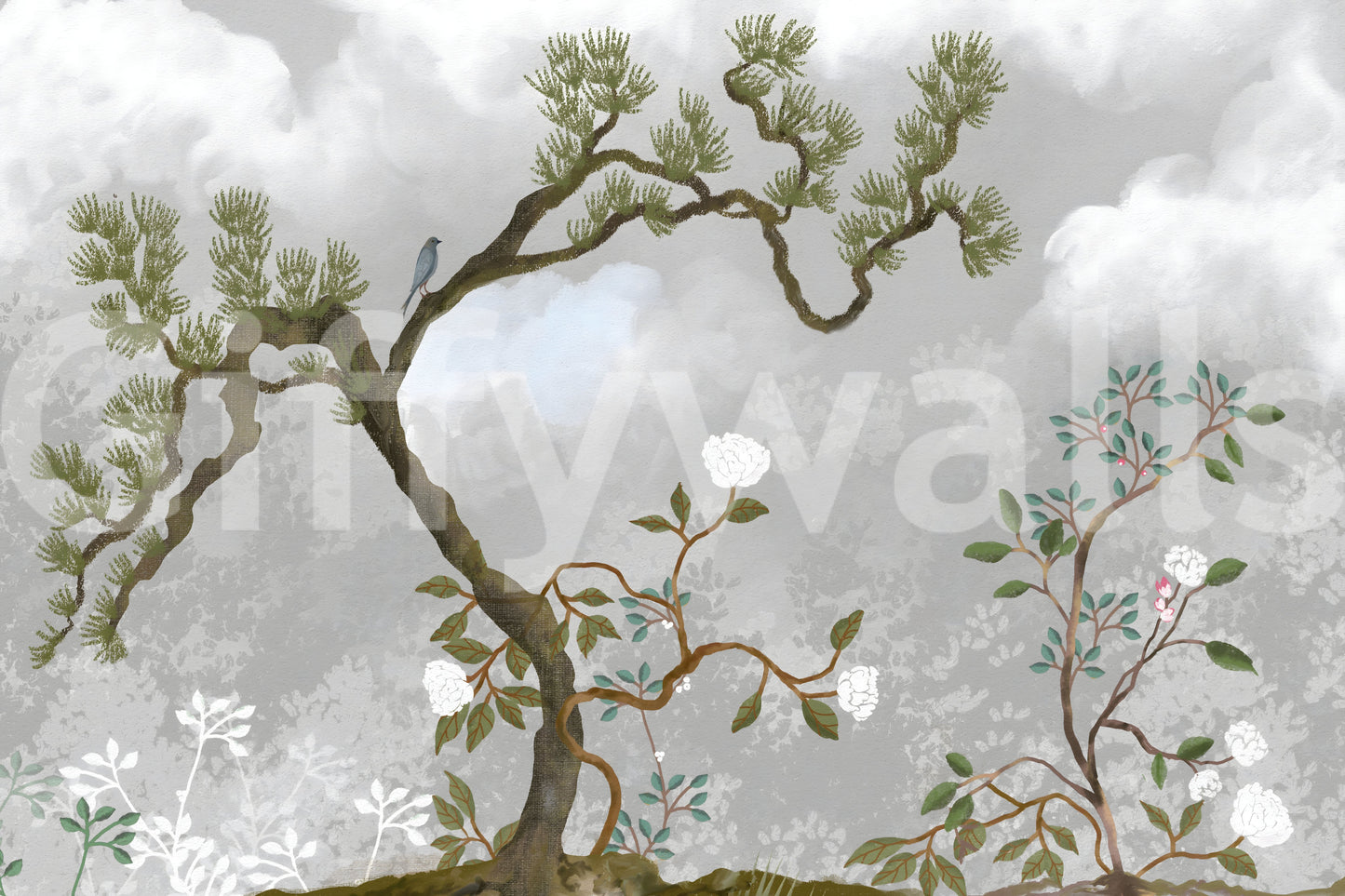 Muted grey, green and white make up the chinoiserie wall mural palette