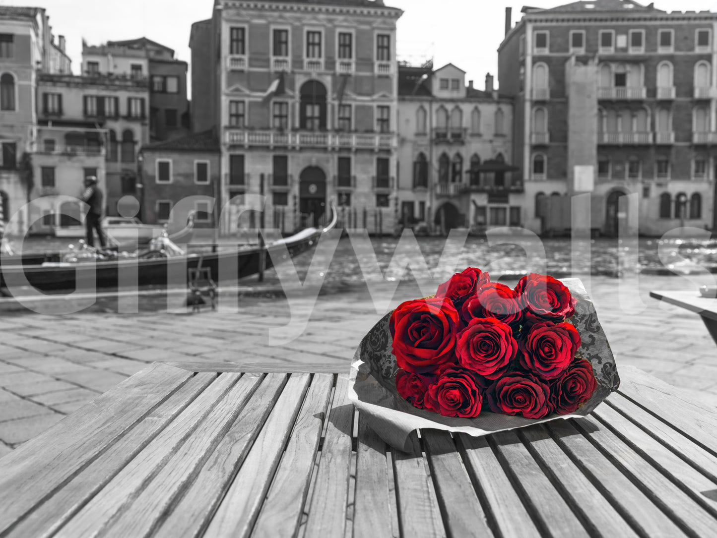 Editorial cropping narrows the Red Roses, Grey Venice wall mural focus to the bouquet.