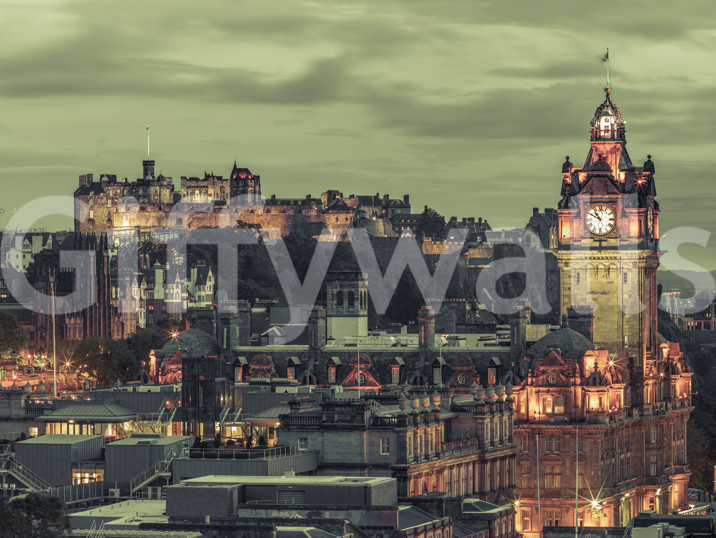 From hilltop castle to lit clock tower, this Edinburgh wall mural spans the skyline.