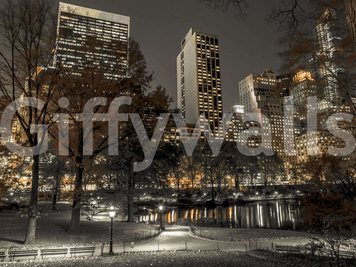 Park benches and bare branches edge the Urban Oasis Nights wall mural foreground