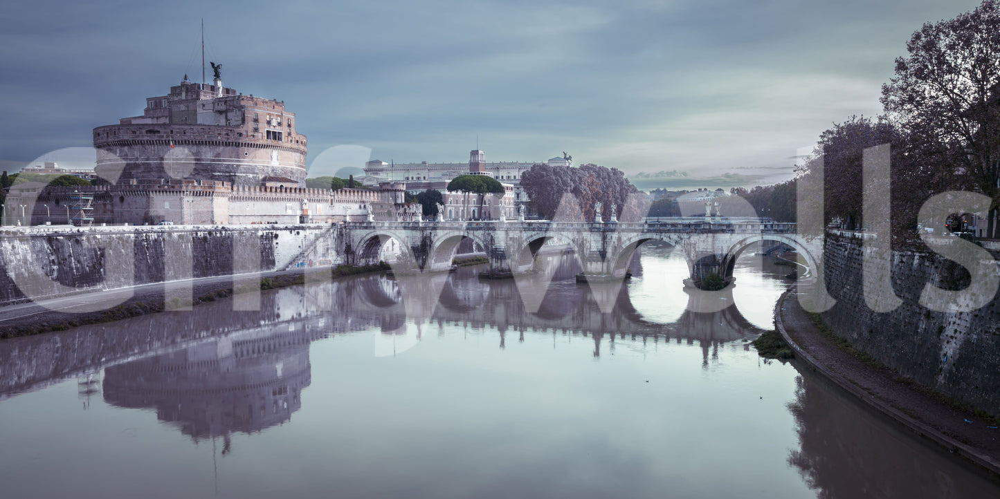 Each arch finds its double in the still Tiber across the Roman Reflection wall mural.