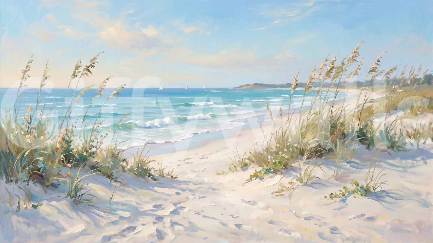 Grass blades curve into the Coastal Serenity Pathway wall mural from both sides.