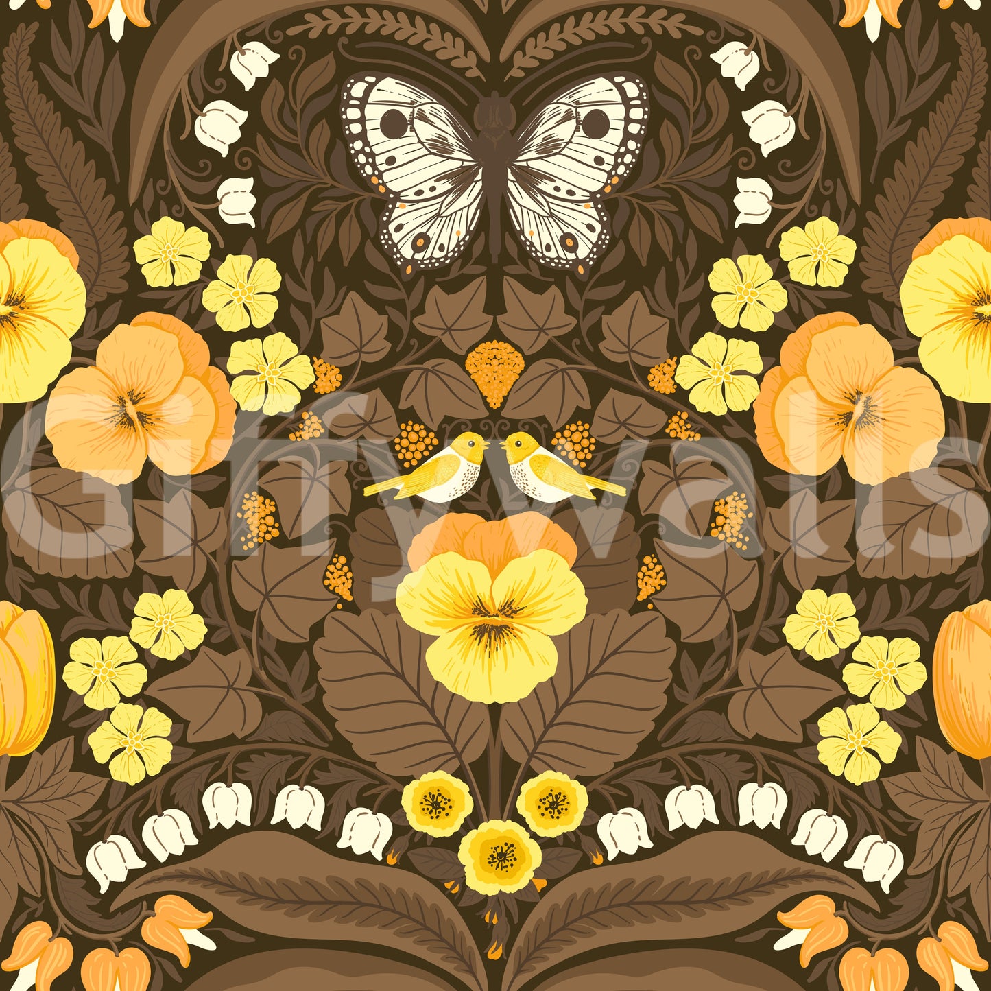 Small yellow birds rest within the foliage of this Dollhouse garden wallpaper.