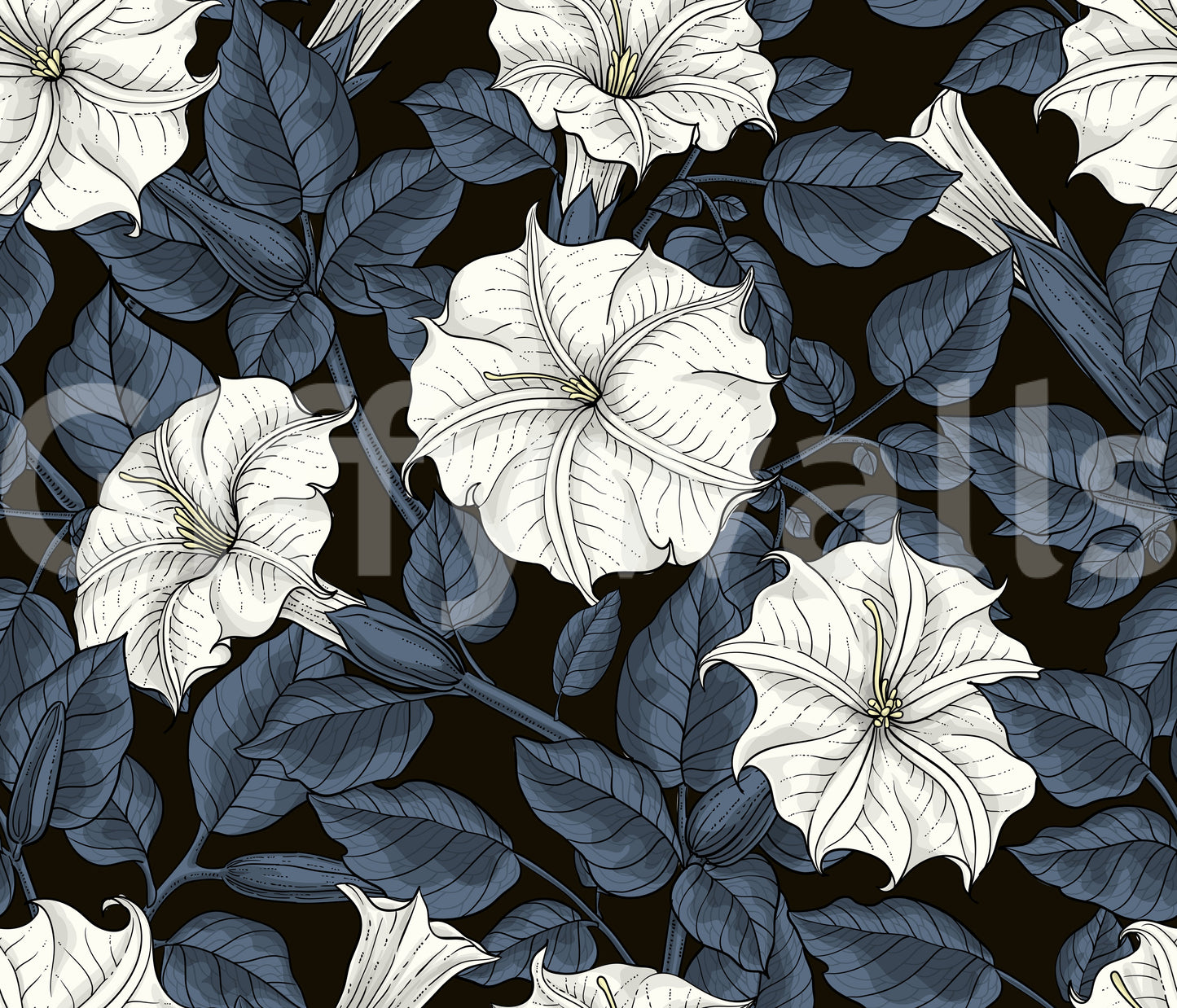 Midnight tones create deep contrast within the Moonflowers Wallpaper.