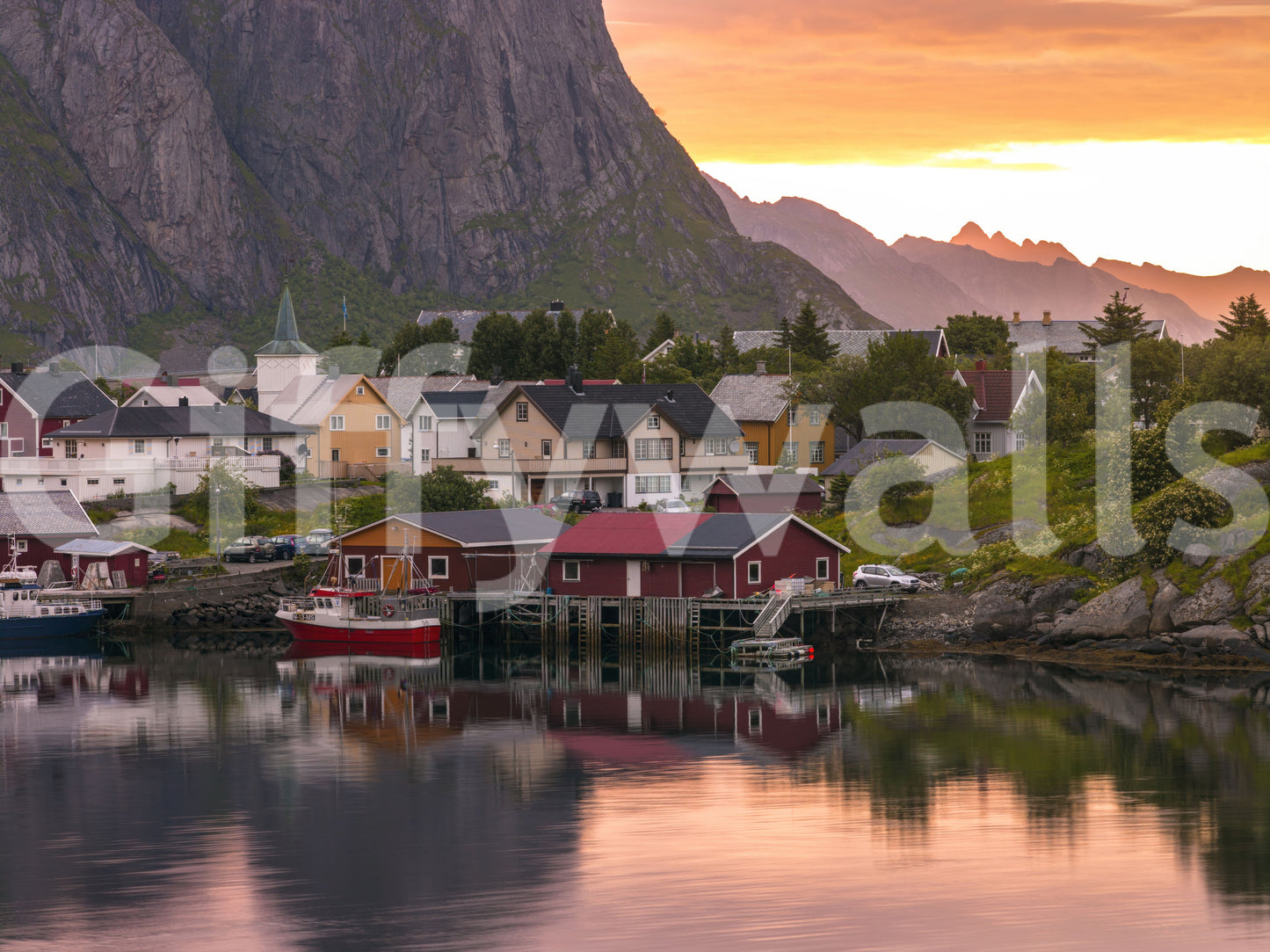Deep reflections mirror tiny Scandinavian houses scattered across a Village wall mural.