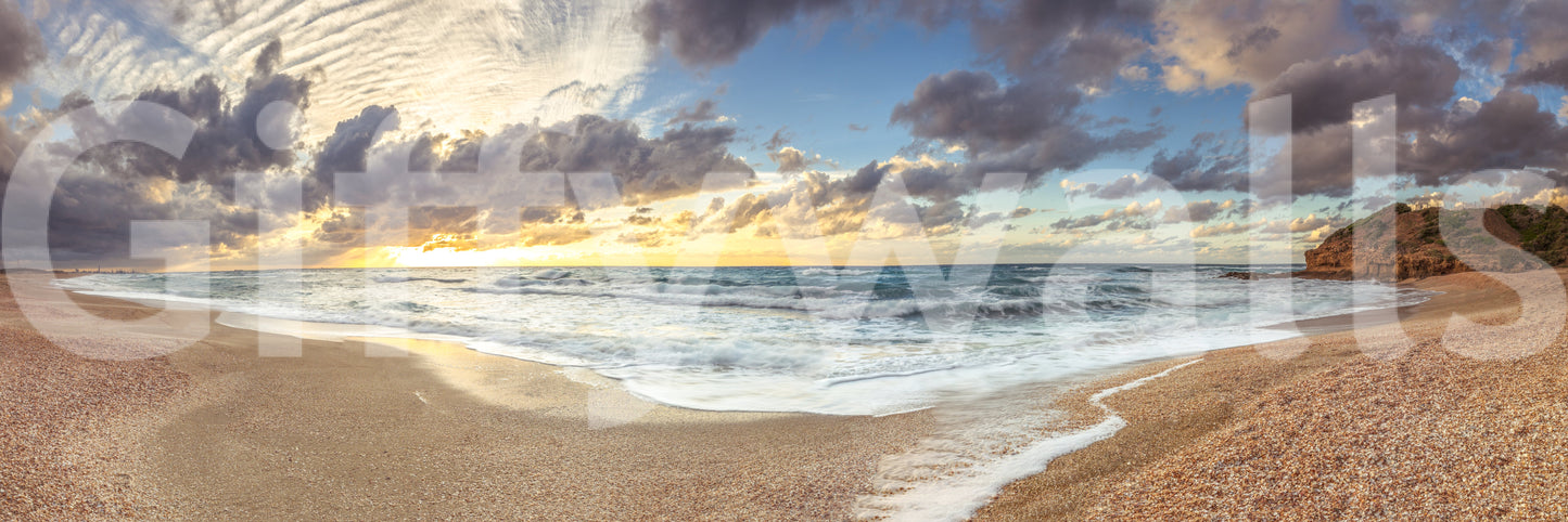 Warm yellows meet cool greys inside a Golden Shoreline wall mural seascape.