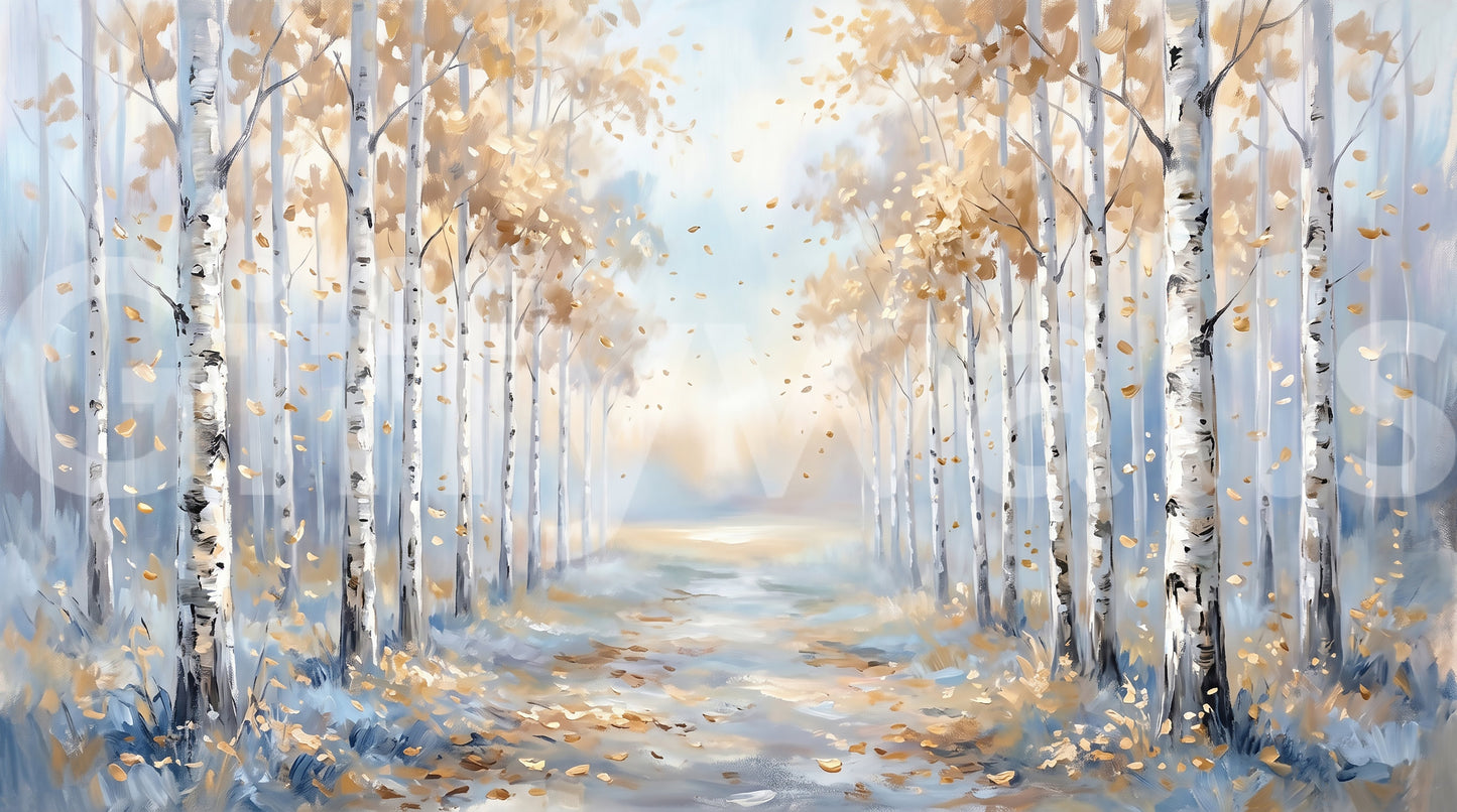 White bark textures define the vertical elements within the Golden Birch Path Wall Mural.