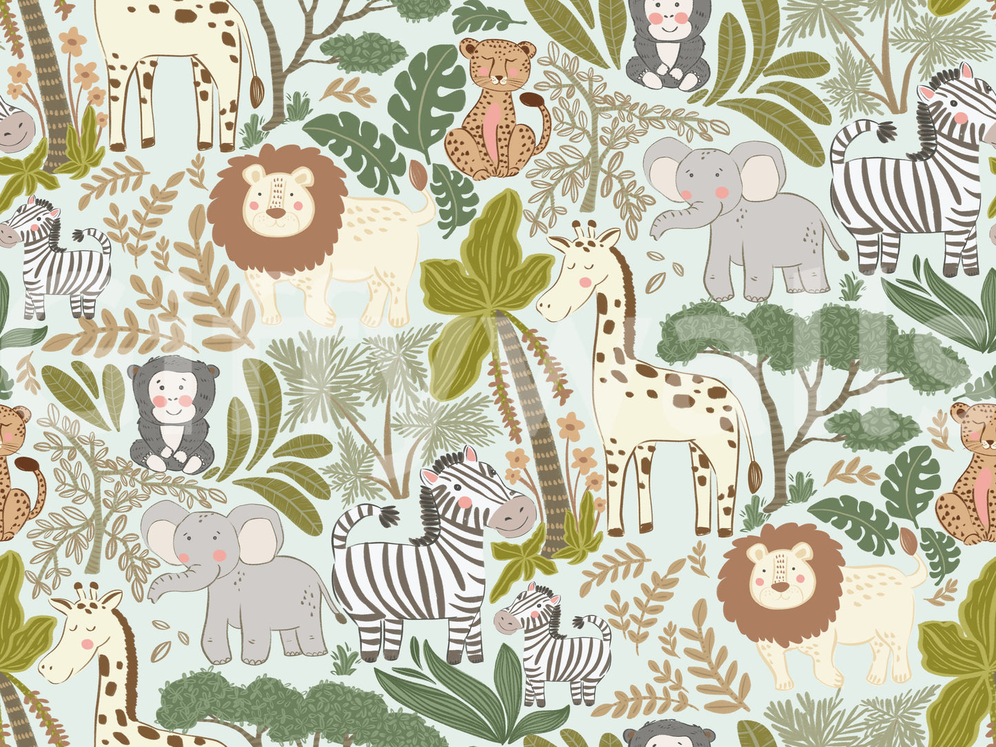 Nursery Safari Wallpaper carrying playful animals and soft jungle plants