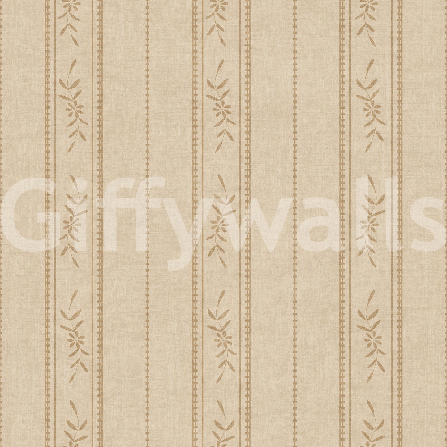 Sand Beige Floral Wallpaper with ticking stripe lines and soft linen texture