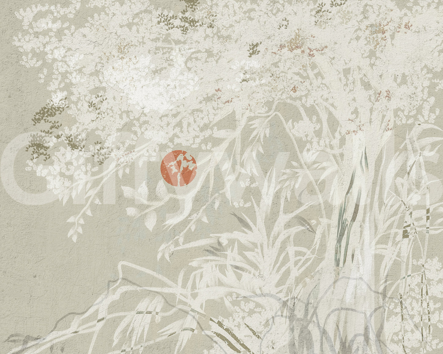 Serene Japanese Oriental mural with subtle leaves and soft Red Moon focus