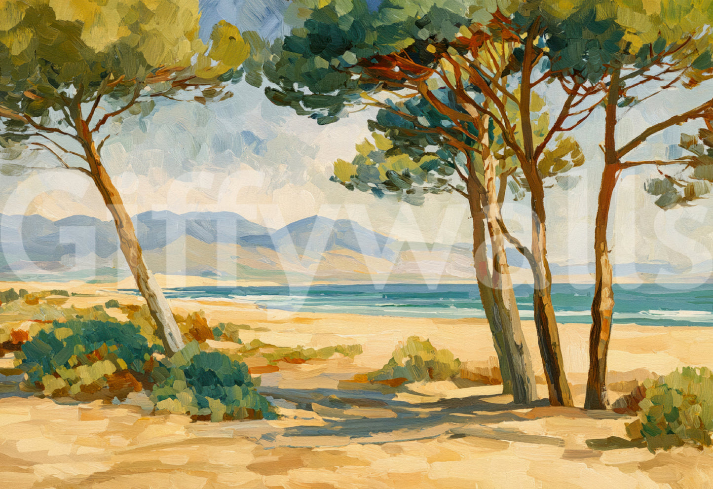 Pine wall mural with warm sand, green foliage, and peaceful coastal view
