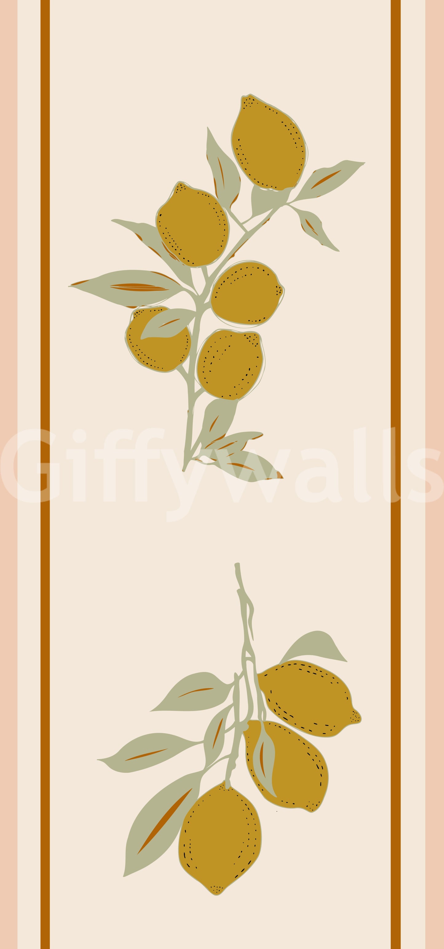 Mediterranean branch wallpaper with classic fruit shapes and soft contrast