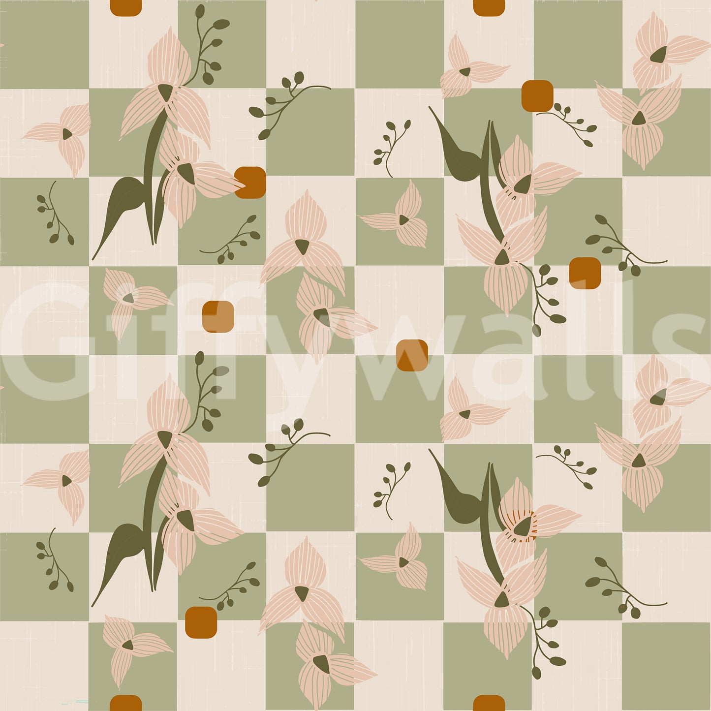 Sage Checker Floral Wallpaper Retro Boho Wallpaper
