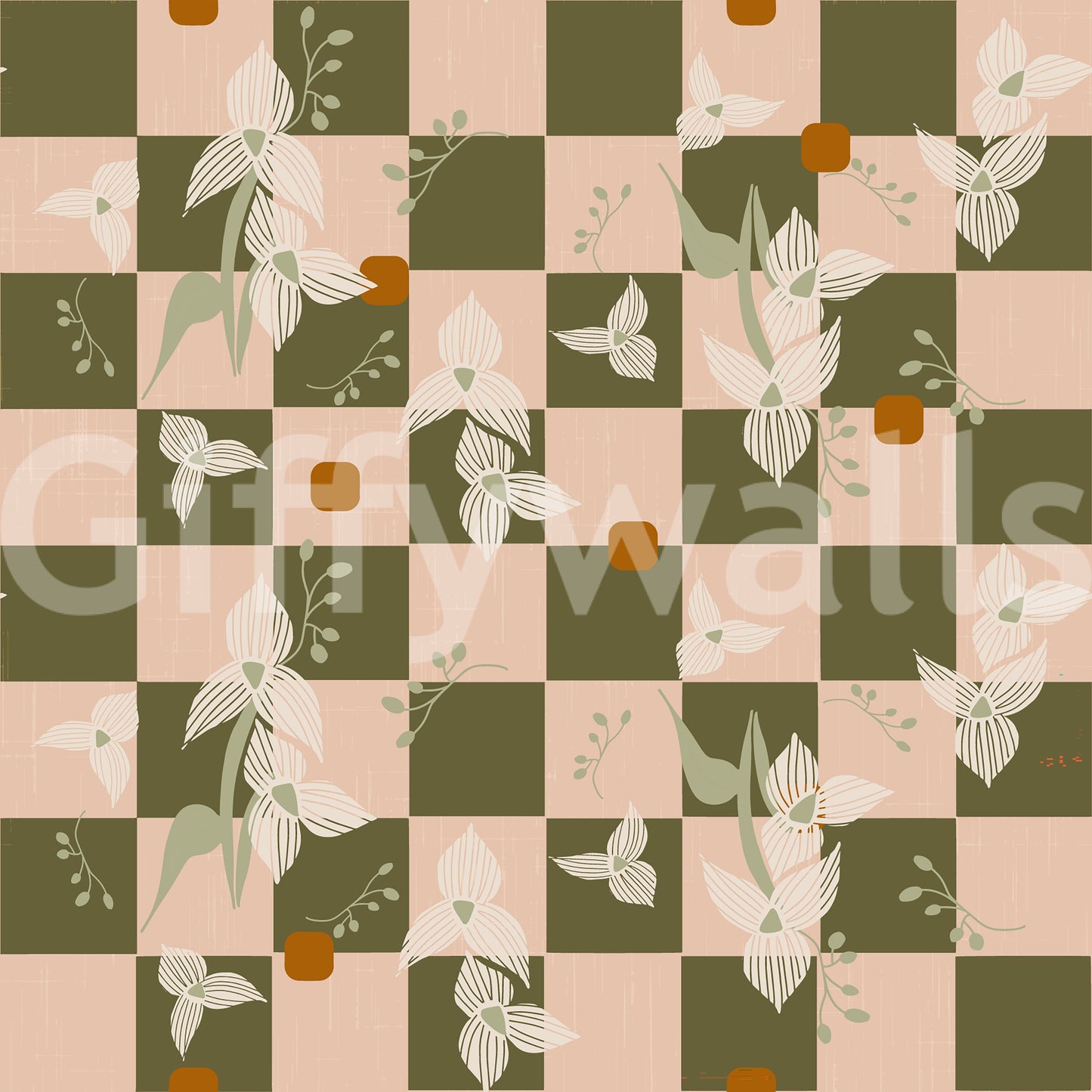 Olive Checker Floral Wallpaper Retro Boho Wallpaper