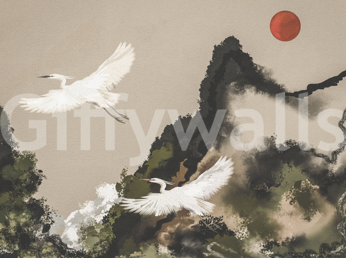Ink Wash Sumi Japanese Watercolor Landscape Cranes and Sun Wall Mural