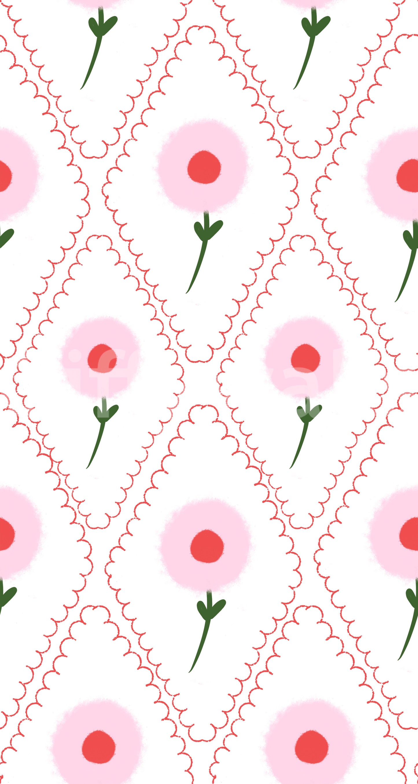 Coordinated pink, red and green palette featured in Cottage Roses Wallpaper