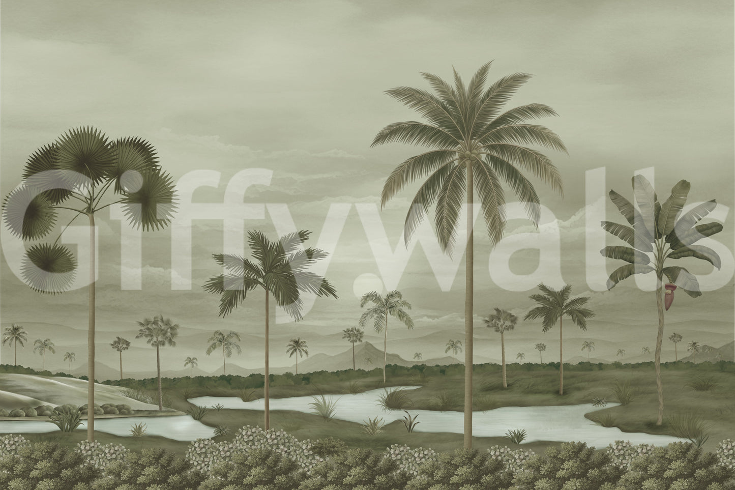 Riverbend Wall Mural showing tropical palms, low greenery, and a faded horizon