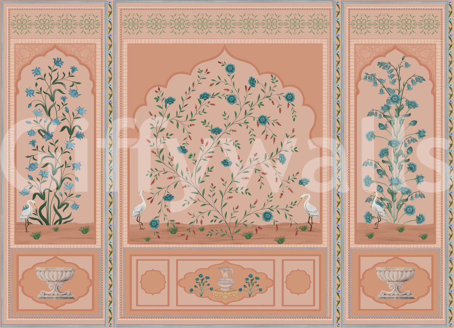 Carved urns sit below trailing florals on the Serene Mughal Garden Panels wall mural