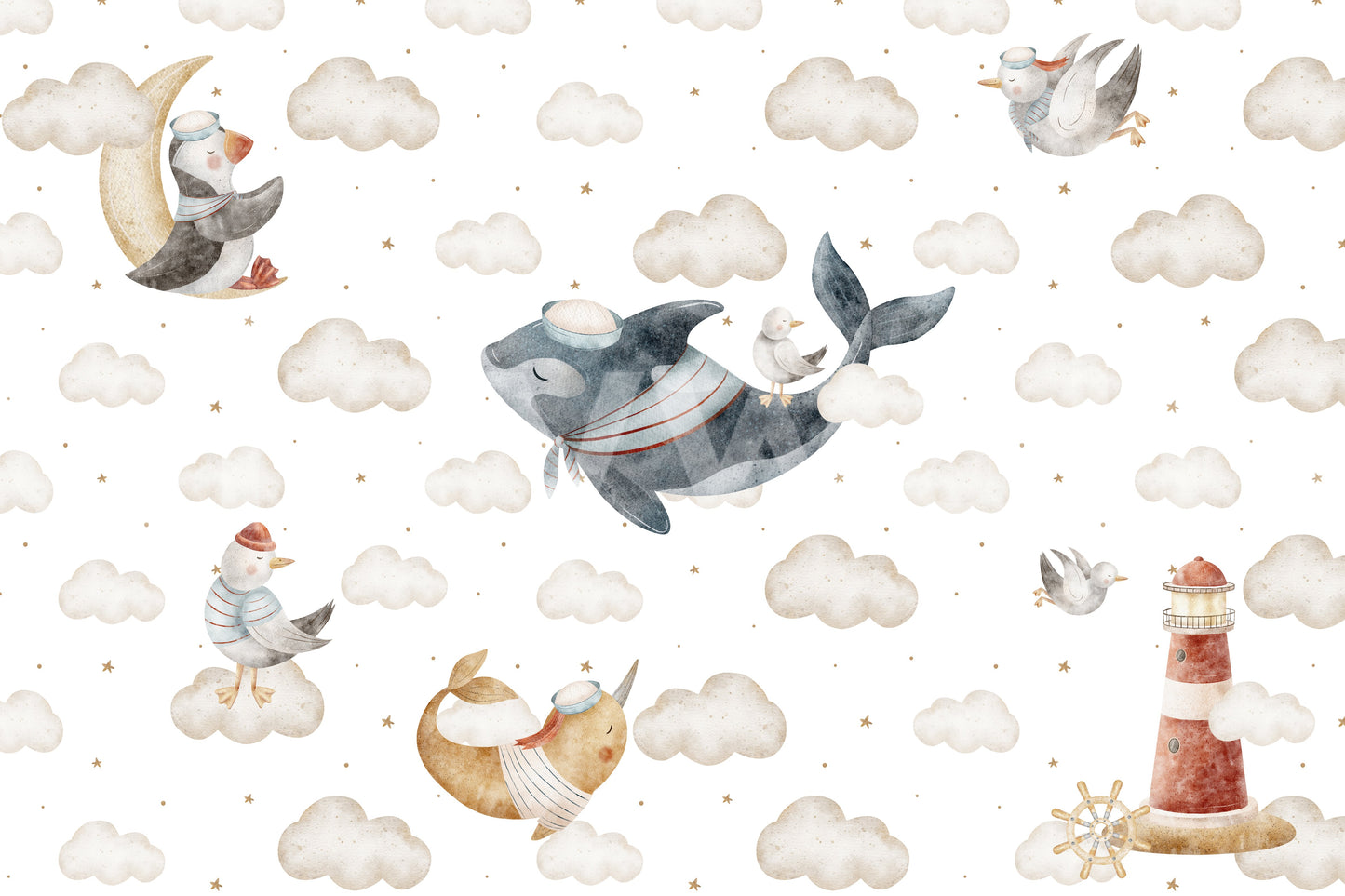 Rust-red the lower edge of the Nautical Cloud Dreams wall mural