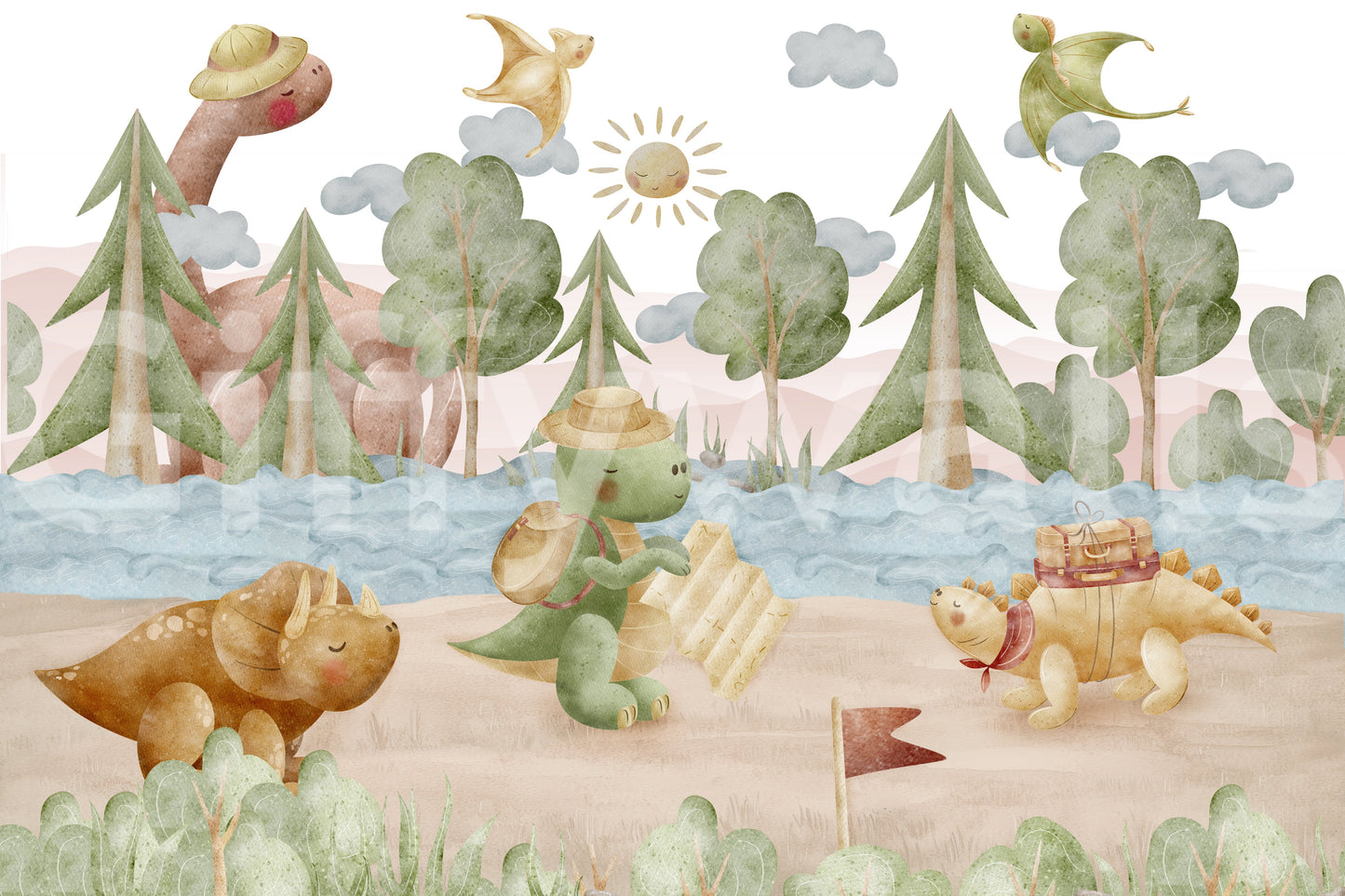 Stegosaurus with a tiny suitcase walks through the Explorer's Journey wall mural