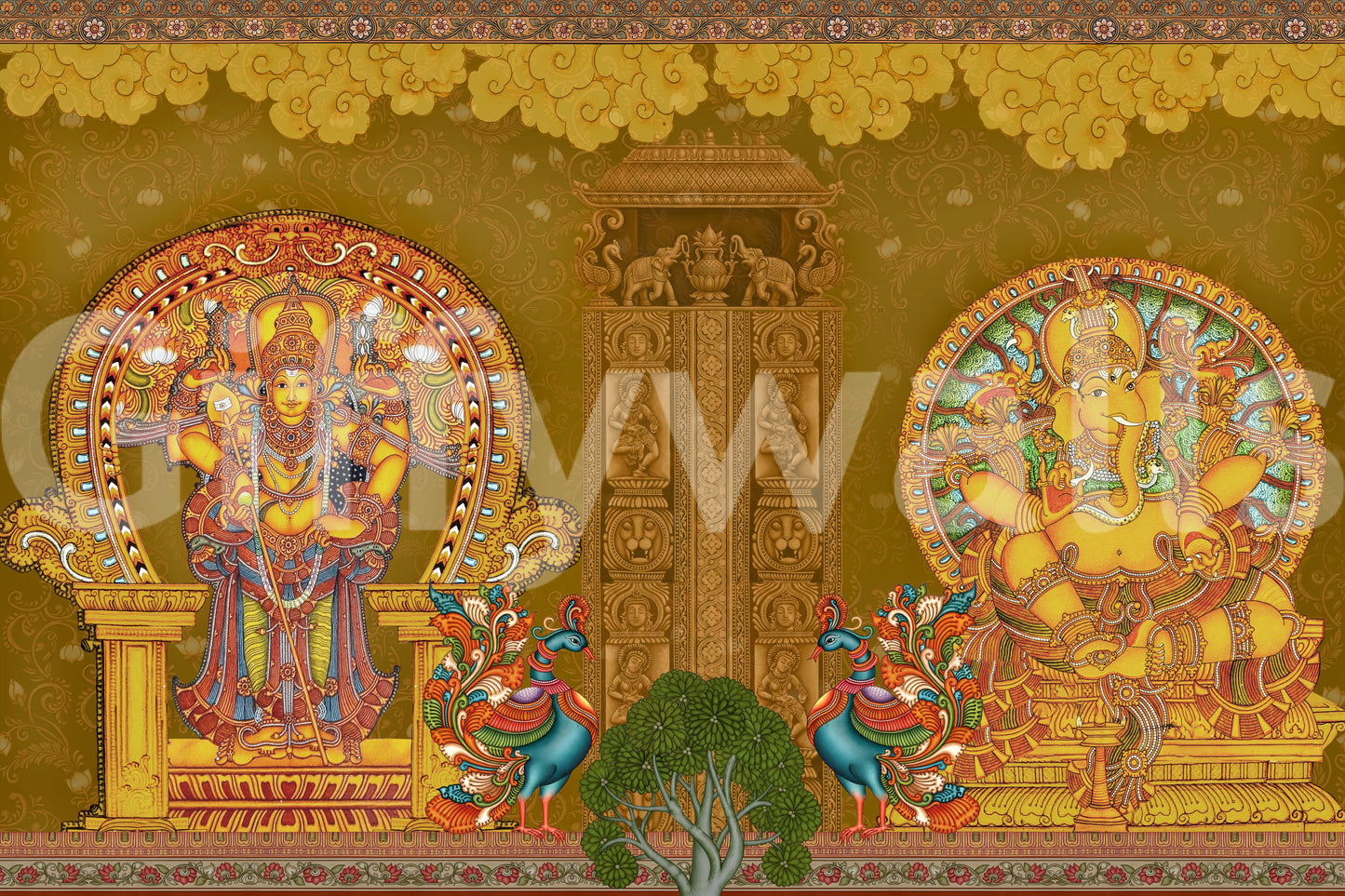 Ruby, jade, and amber tones layer through the Kerala Mural Deities wall mural