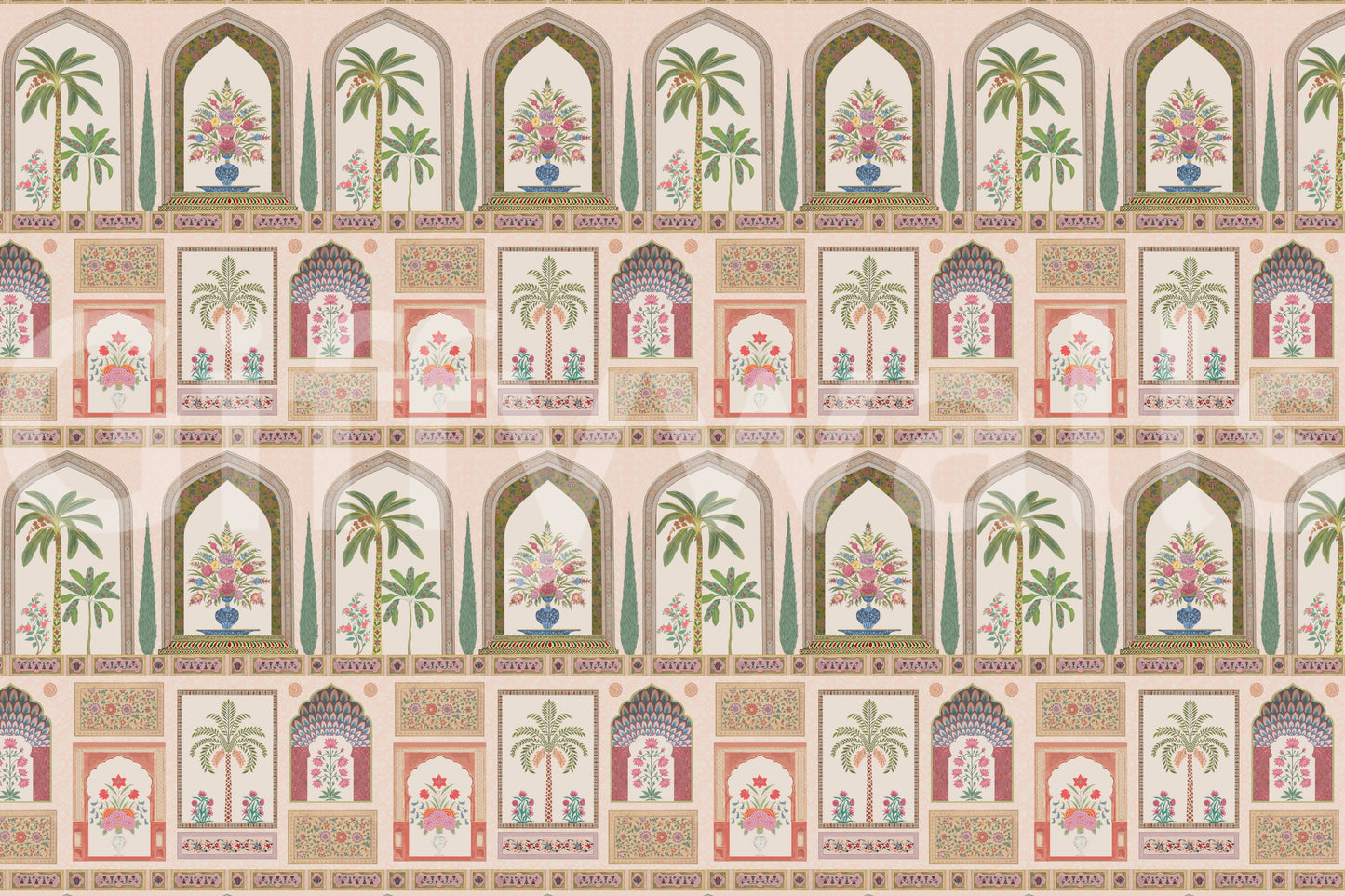 Border bands frame each motif row in the Mughal Garden Palace wall mural