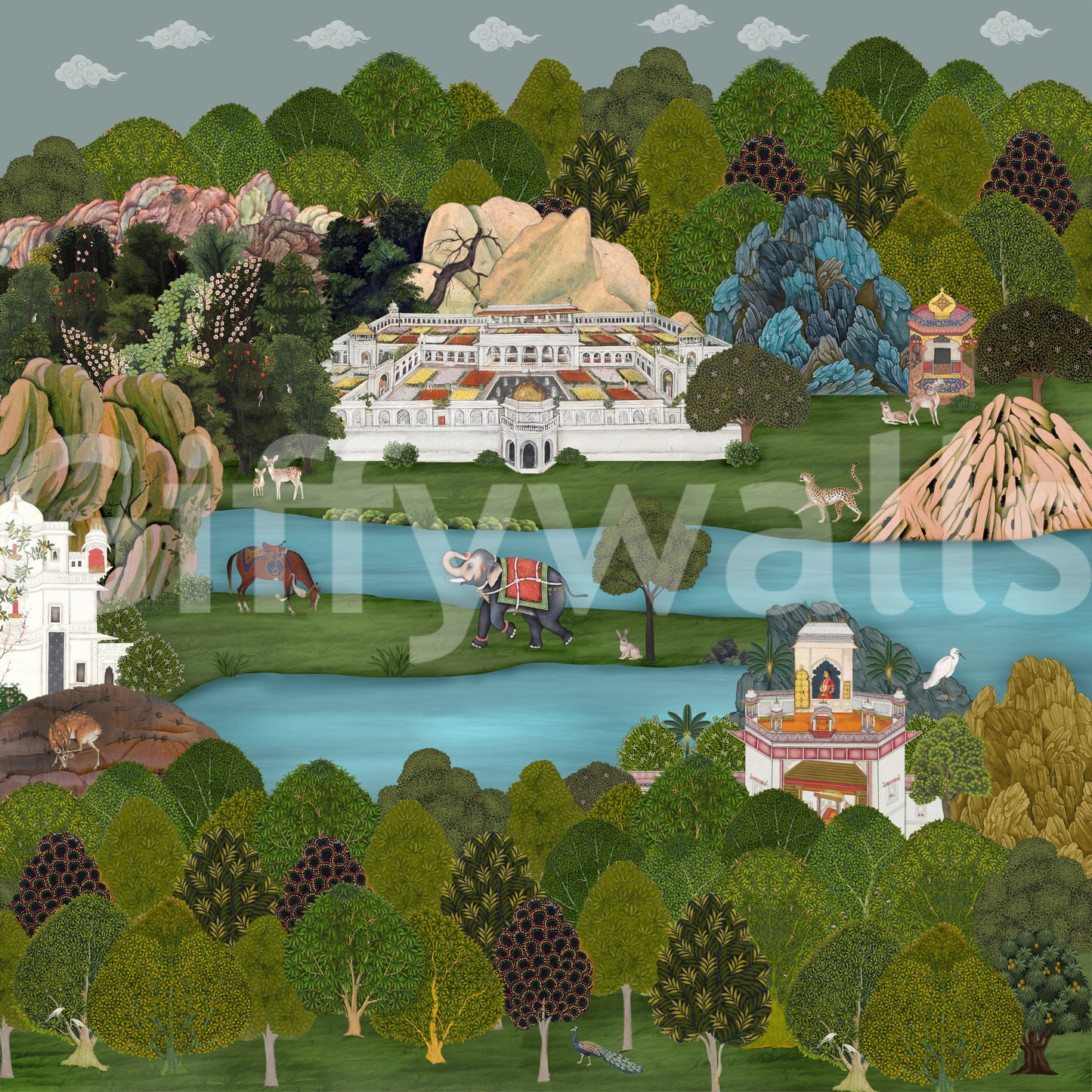 Teal water and hills shape the Mughal Oasis wall mural panel