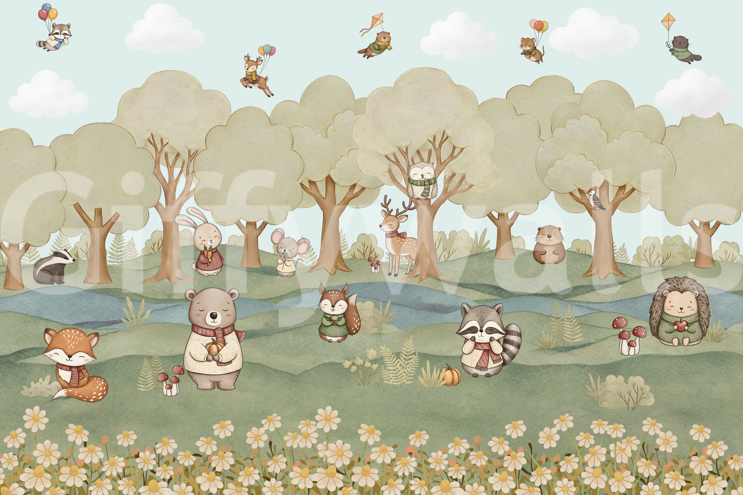 Hedgehog, squirrel and owl gathered in the pastel forest wall mural