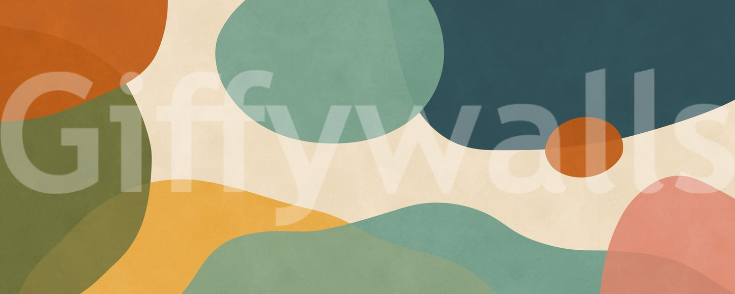 Layered abstract wall mural with retro forms and gentle visual rhythm