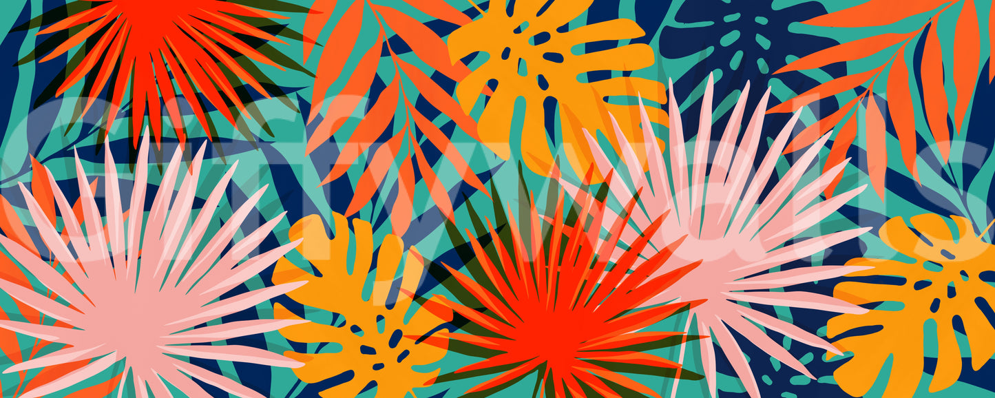 Tropical botanical wall mural with vivid layered leaves on a cream base
