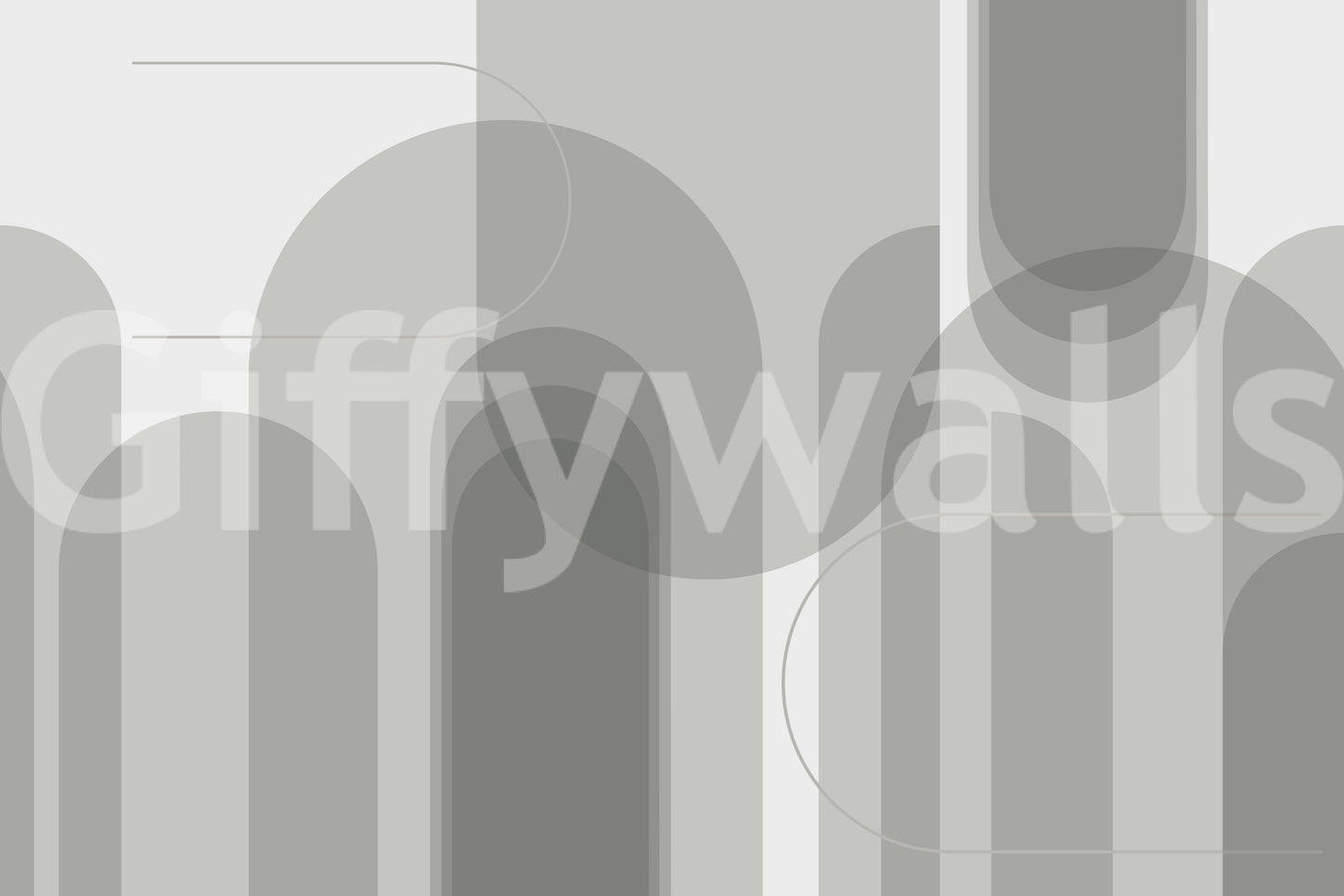 Grey geometric wall mural showing arched panels and balanced abstract flow
