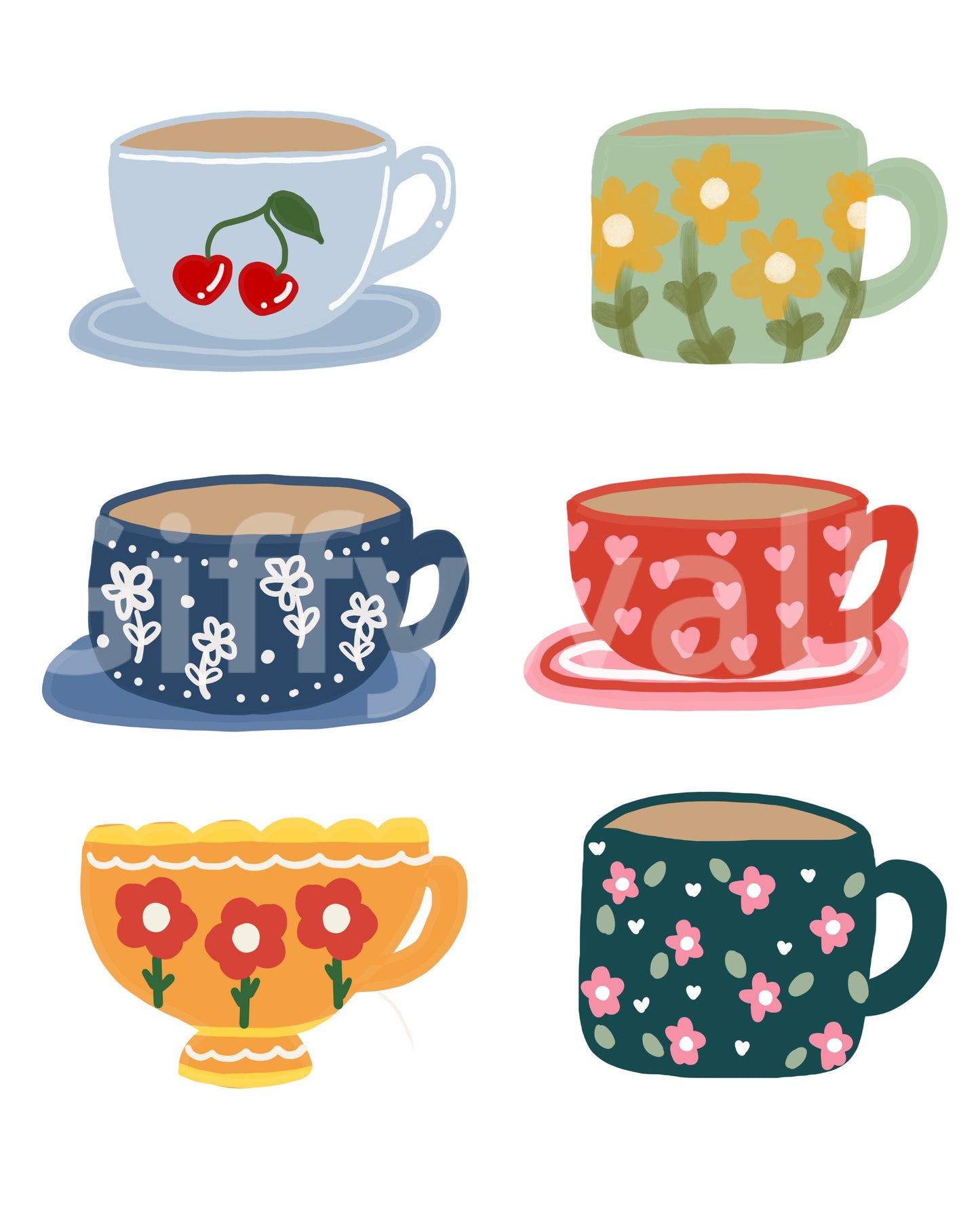 Cute teacup wall mural with soft blue, green, yellow, and red accents