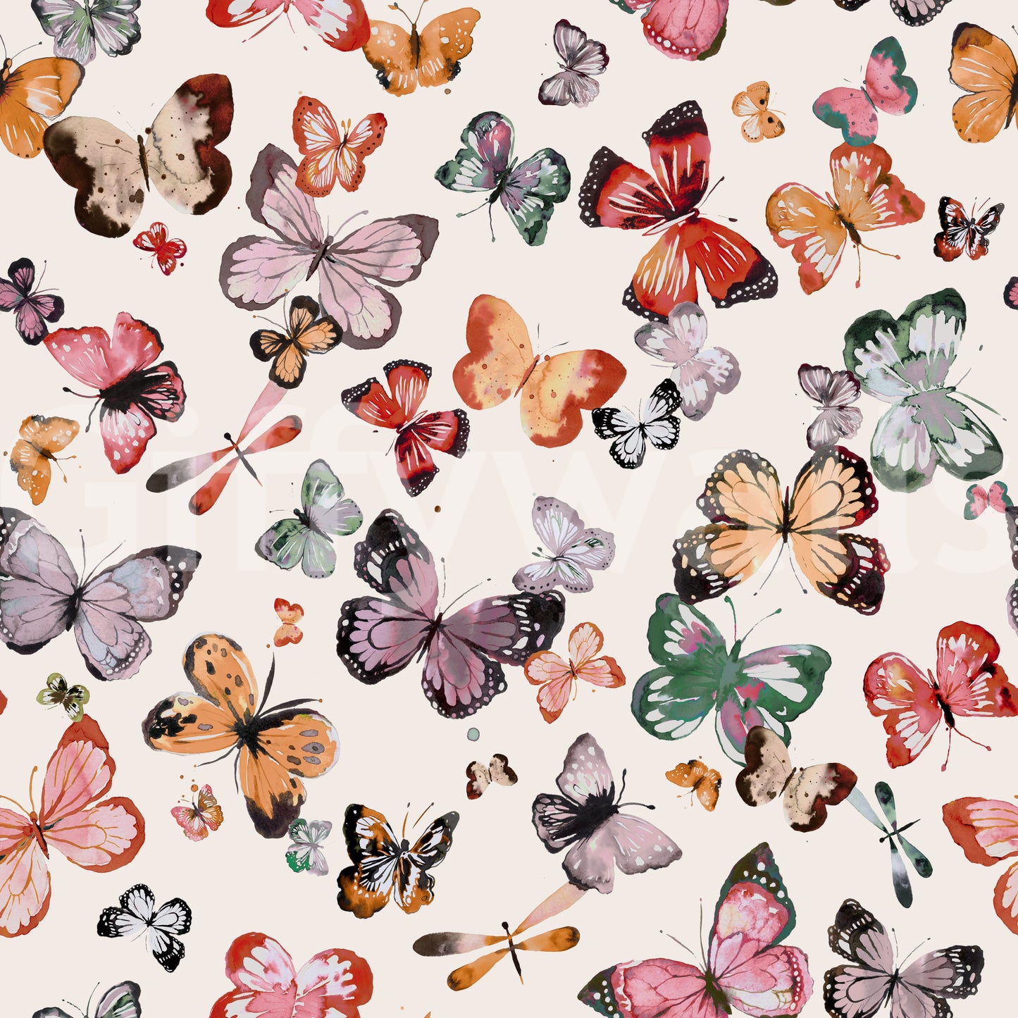 Butterfly pattern wallpaper carrying sage, coral, lilac, and cream accents
