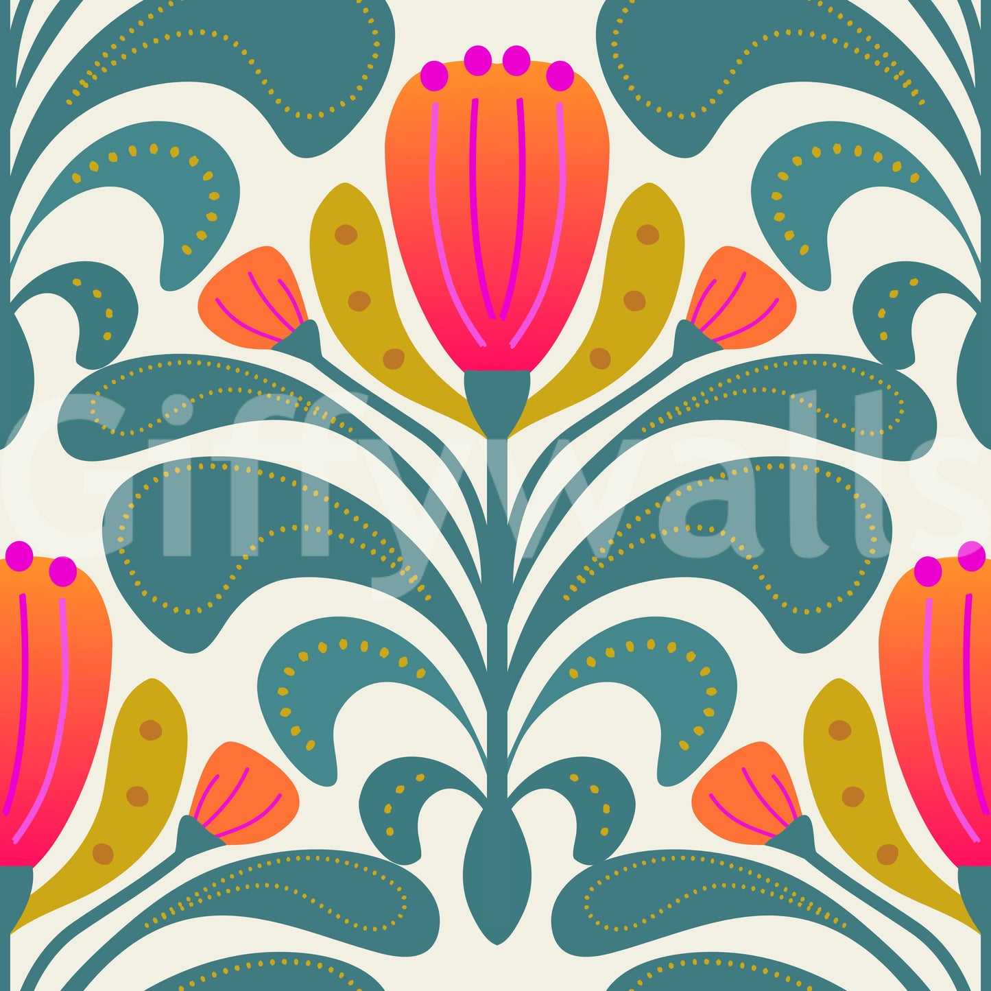Retro botanical wallpaper with coral, teal, mustard, and pink pattern detail
