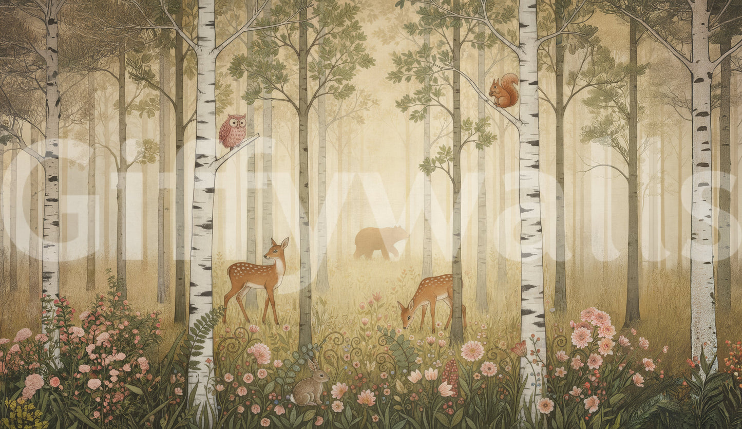 Owl perches on a high branch within the Forest Animals Wildflowers wall mural