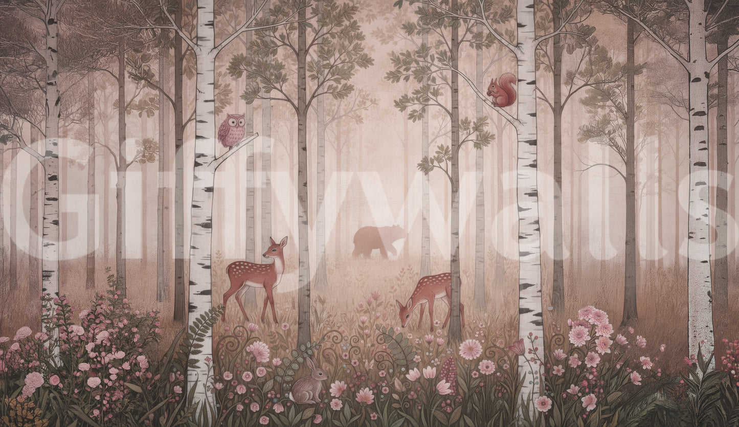 Hare peeking from wildflowers near tall birch trunks in this dawn wall mural.