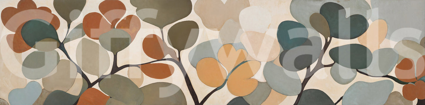 Cluster of pebble leaves in sage and mustard across this Emils Bouquet wall mural