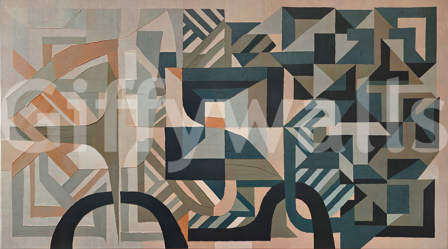 Curved black sweeps run along the base of the Silent Planes geometric wall mural