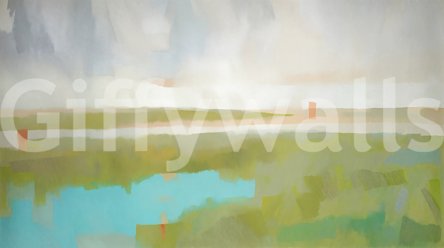 Pale peach skyline drifts over green wetland in the Velvet Dawn wall mural.