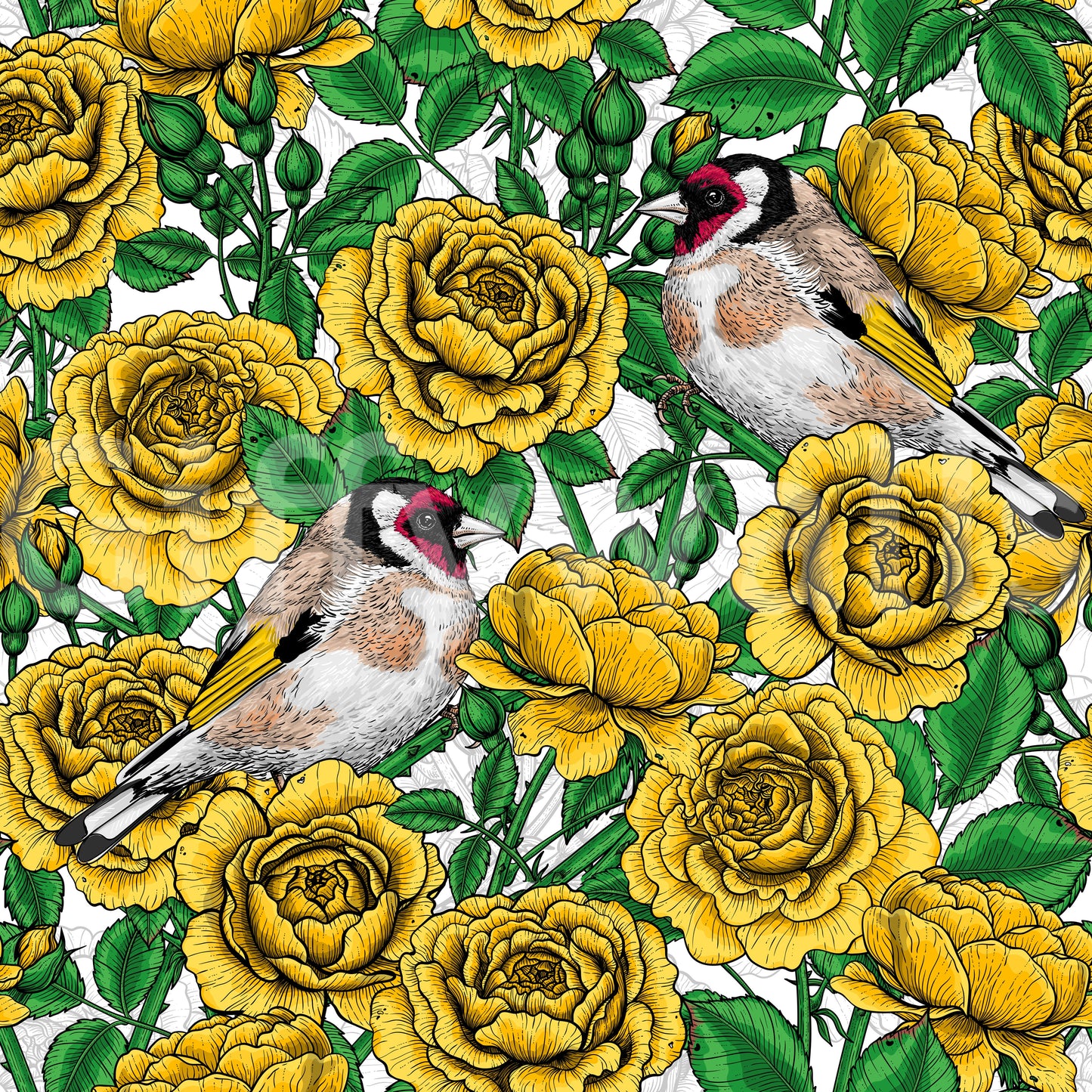 Golden Roses & Goldfinches Wallpaper