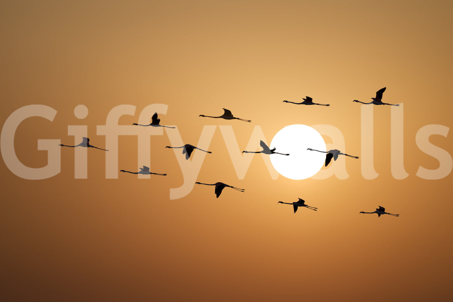 Golden landscape wall mural with birds and distant horizon