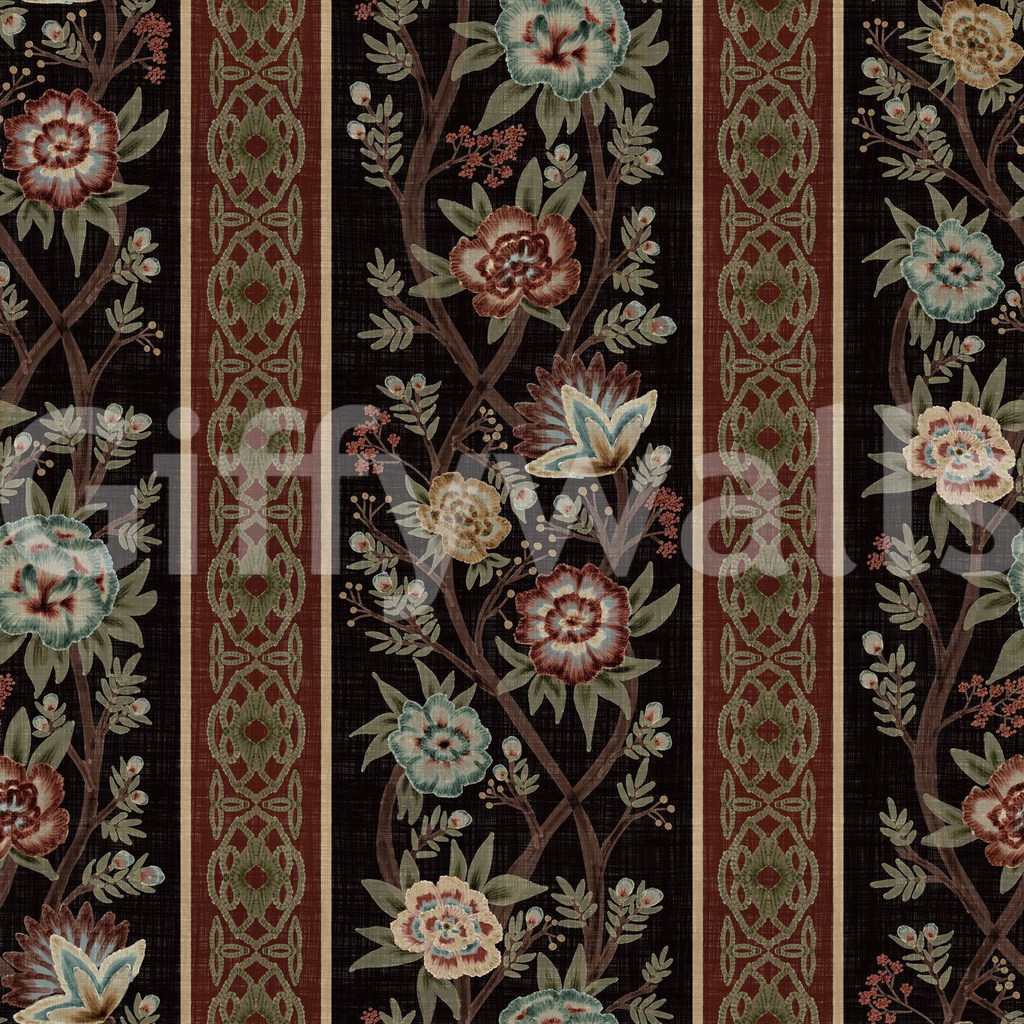 Trailing Chintz Vintage Heirloom Stripes Dark Wallpaper