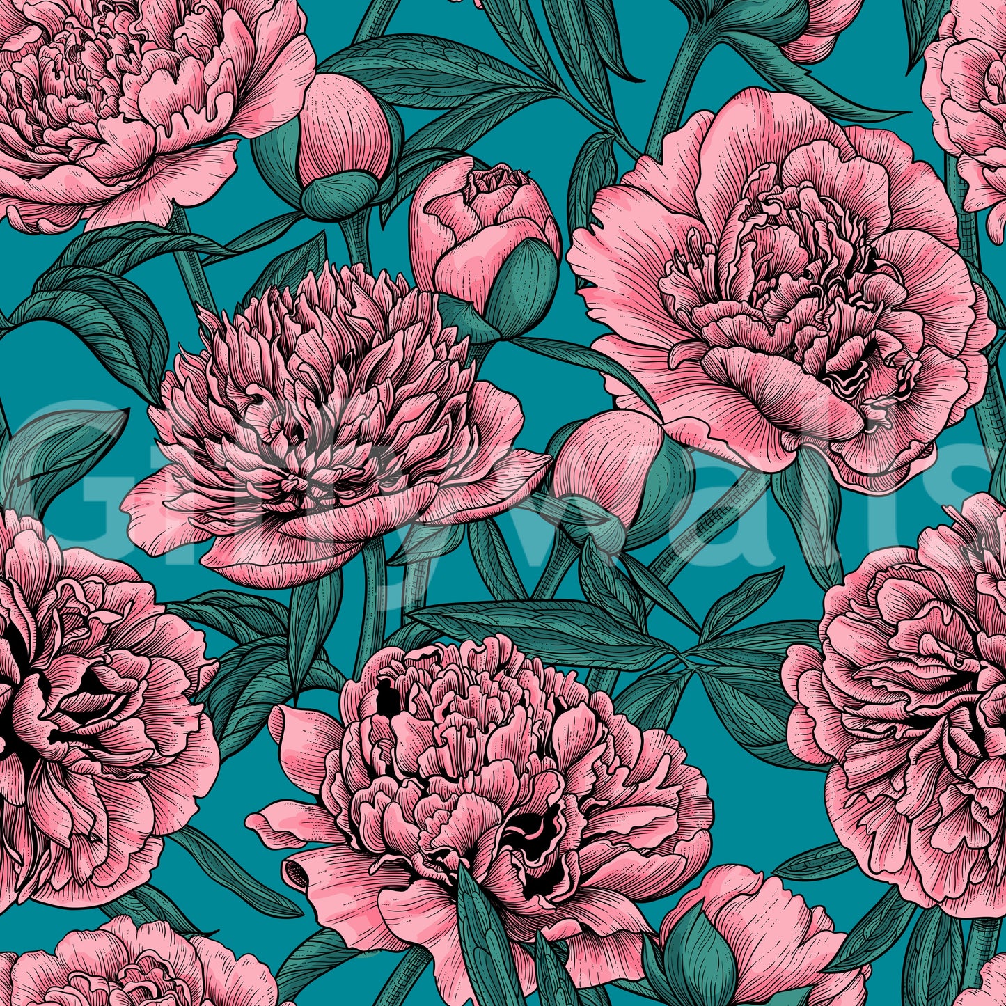 Romantic Teal Peony Botanical Wallpaper Wallpaper