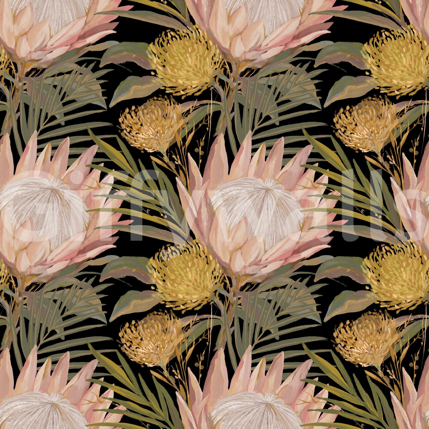 Midnight Protea and Golden Palm Wallpaper