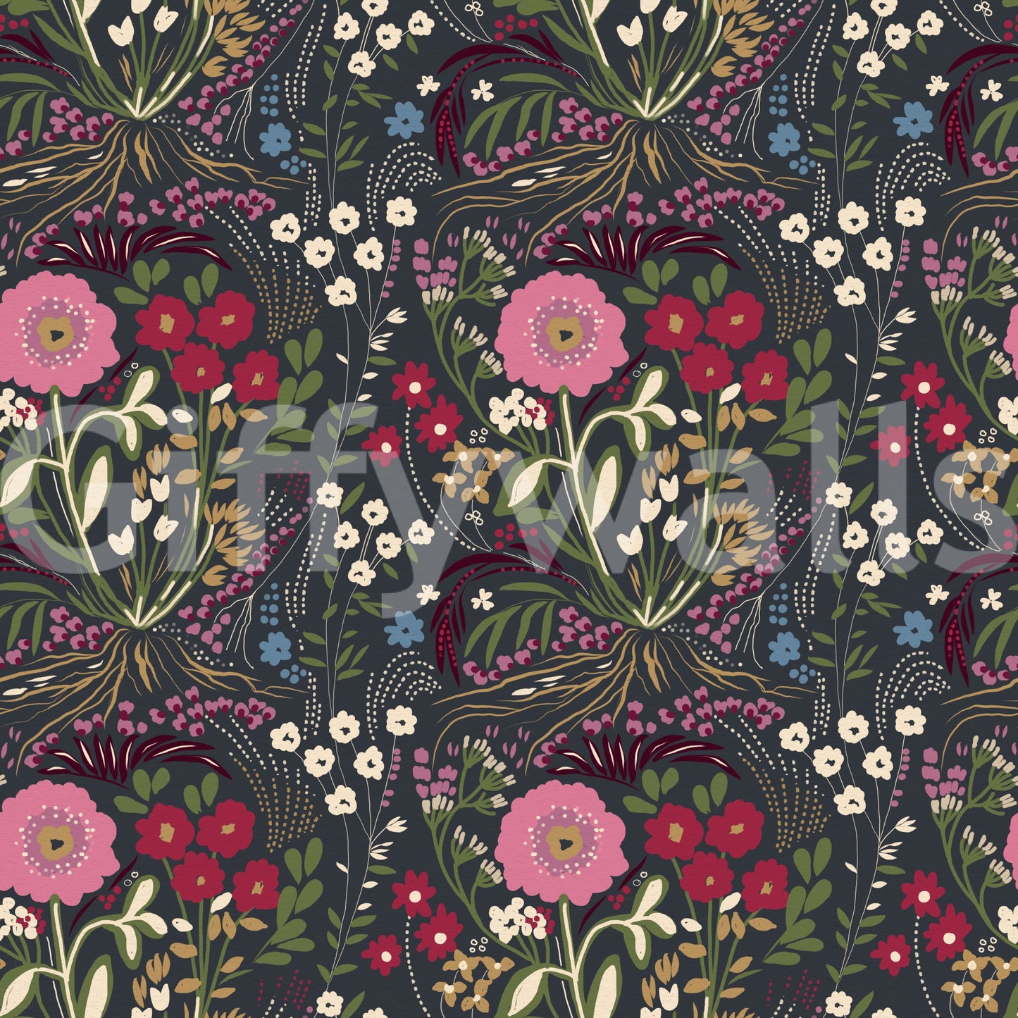 Enchanted Midnight Folk Floral Wallpaper Wallpaper