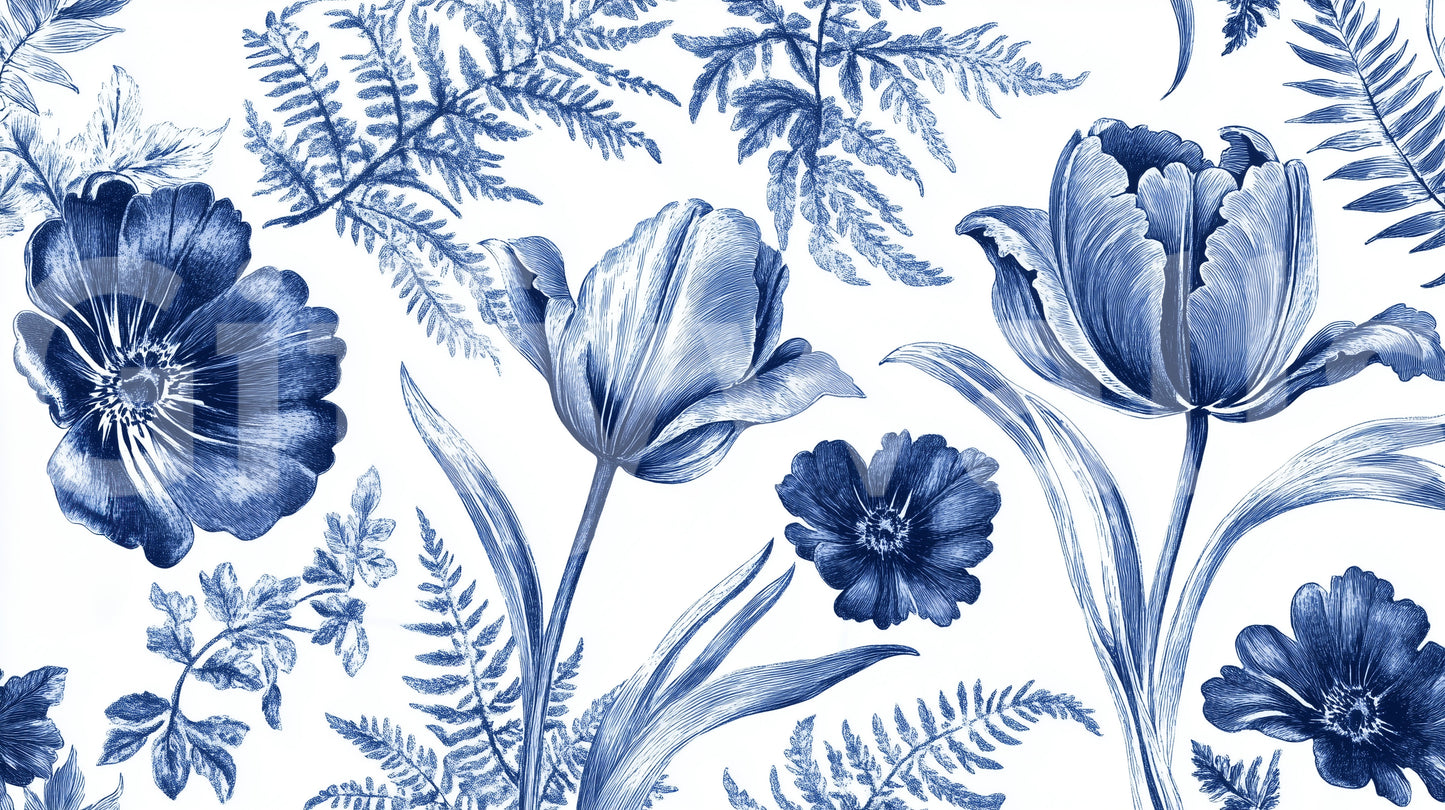 Vintage Indigo Tulip and Fern Botanical Wall Mural