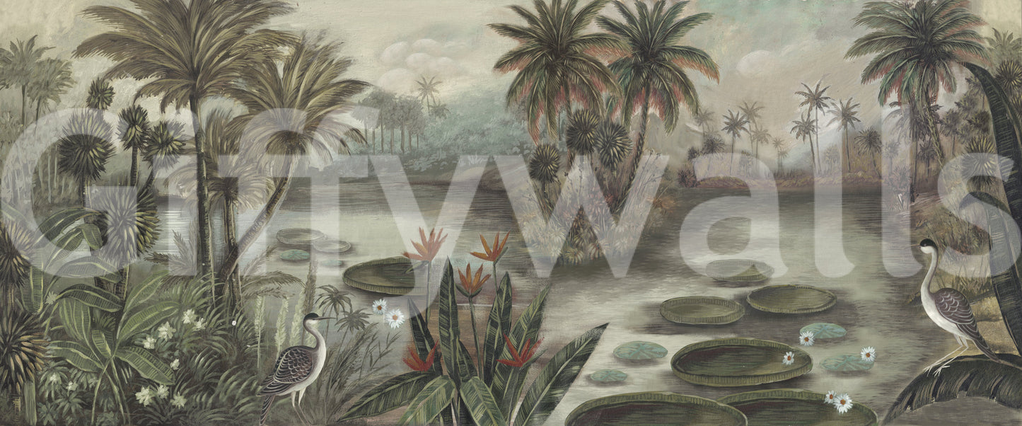 Vintage Tropical Lagoon Scenic Wall Mural