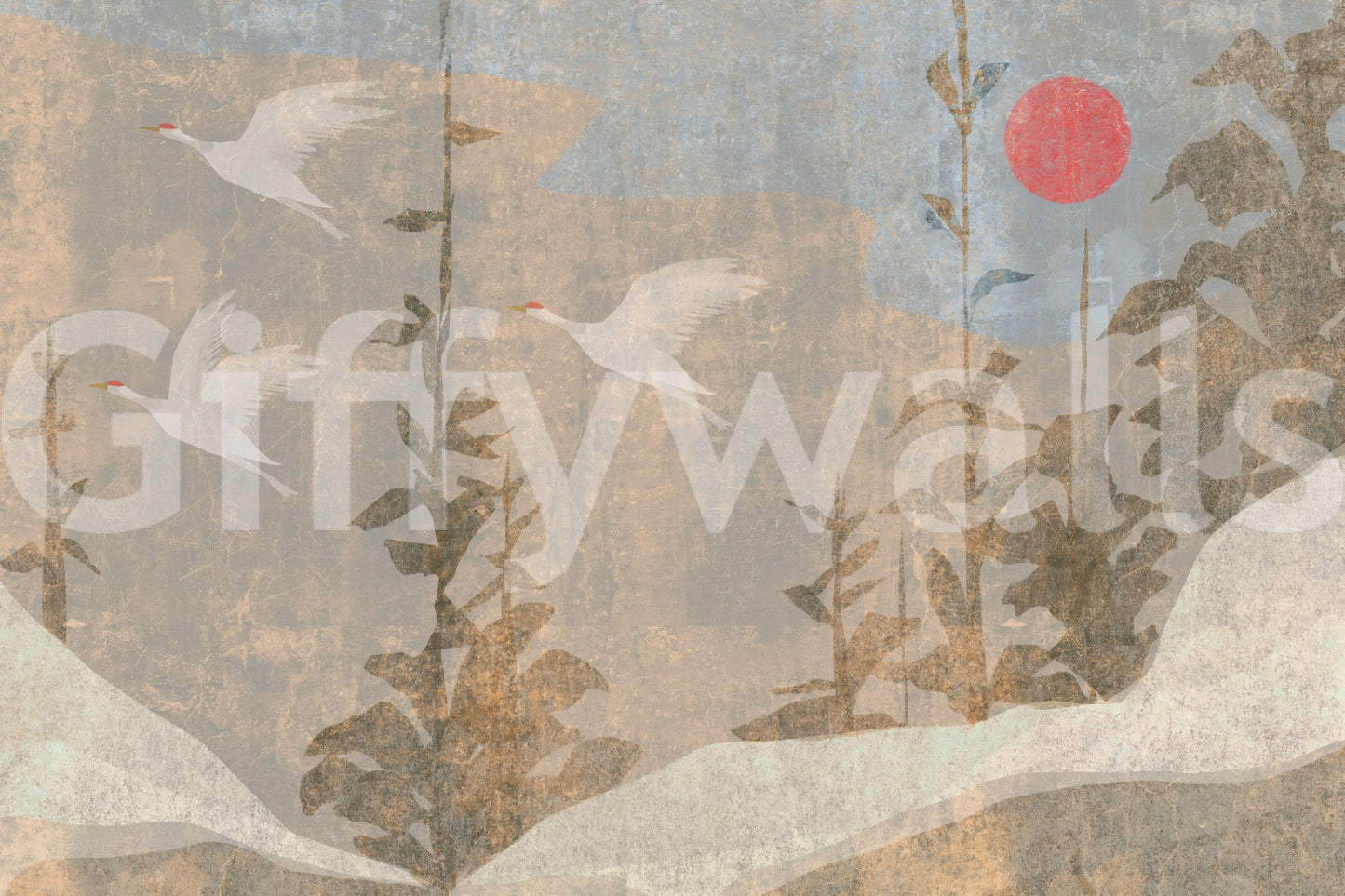 Flying Cranes and Crimson Sun Scenic Wall Mural