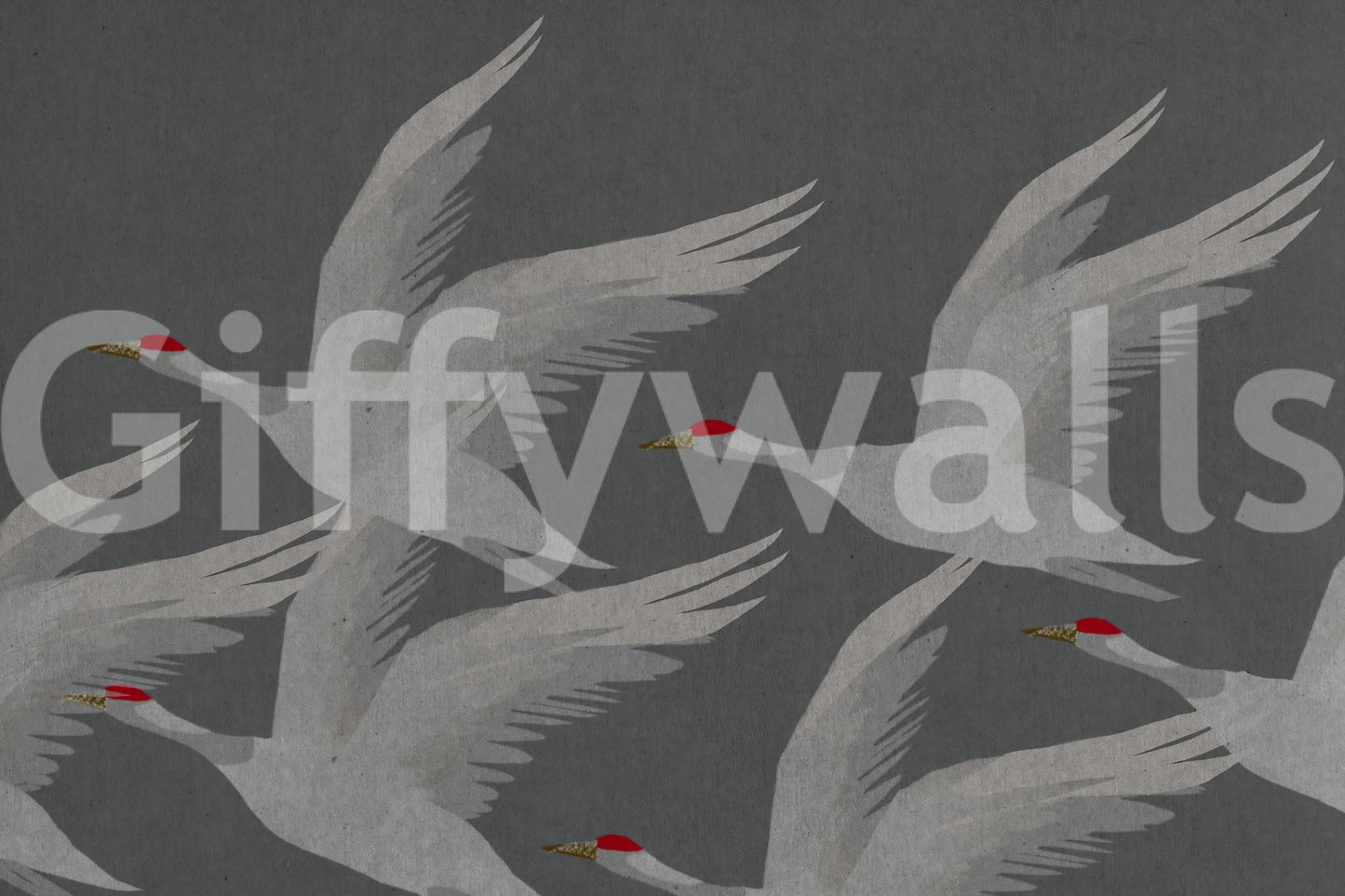 Oriental Crane Flight in Slate and Gold Wall Mural