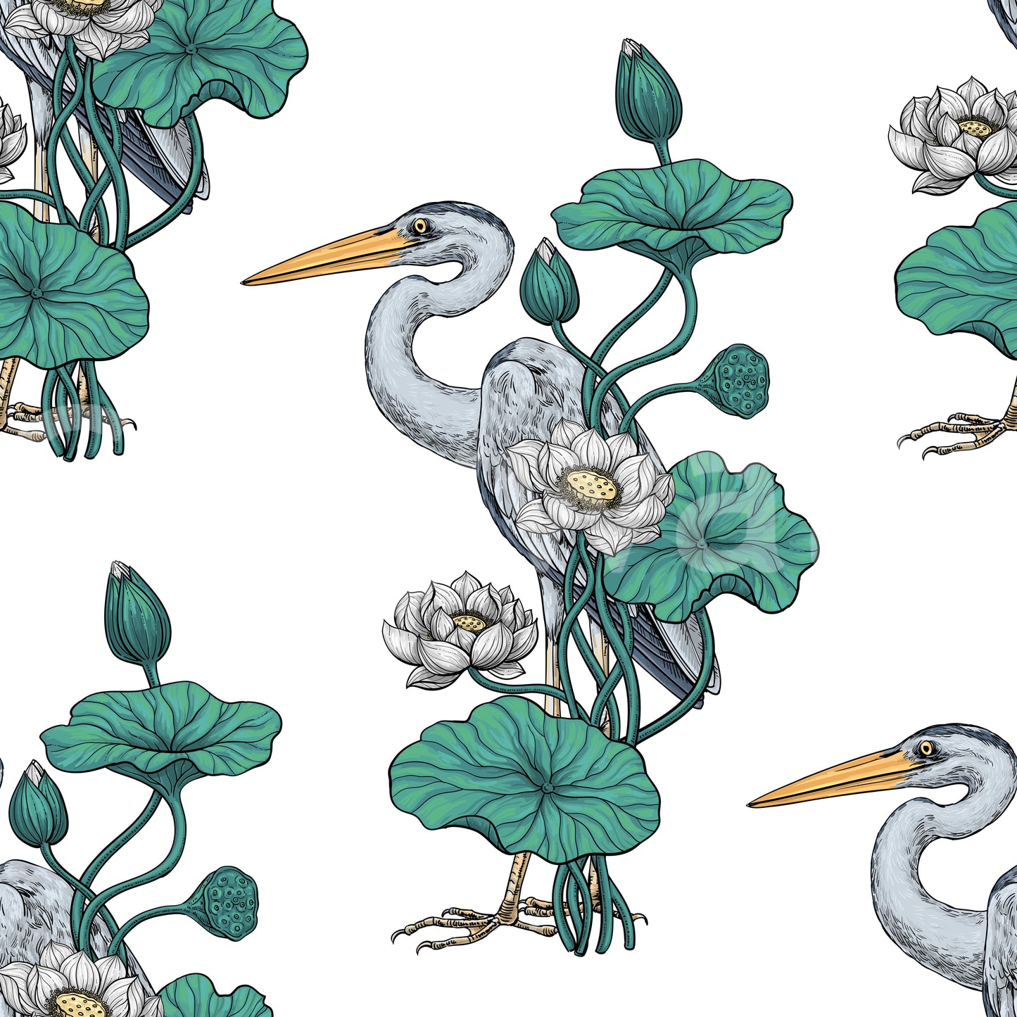 Heron in the White Lotus Garden on white Wallpaper